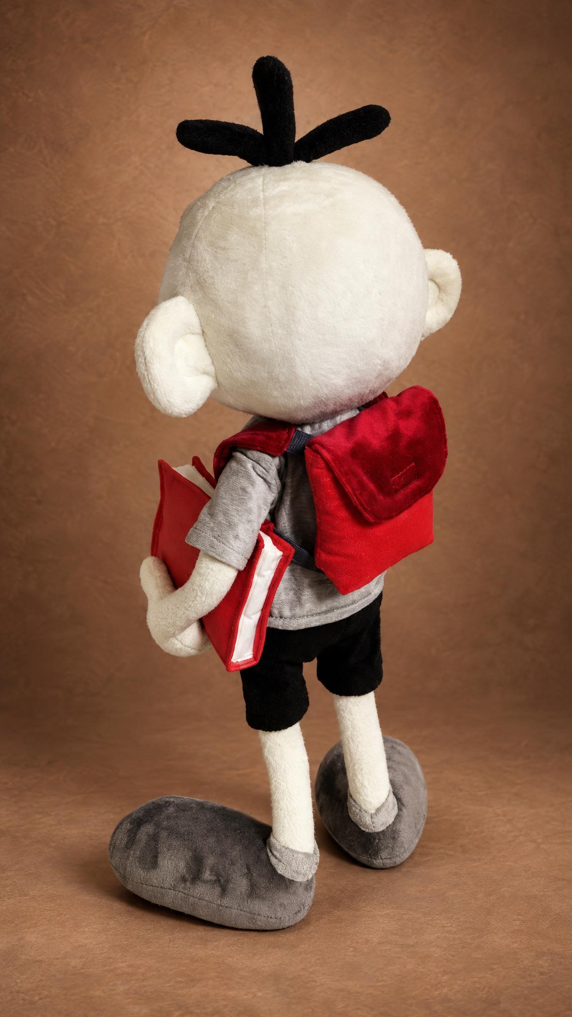 Greg Heffley plush with his red backpack and red book, a custom Diary of a Wimpy Kid doll made to order