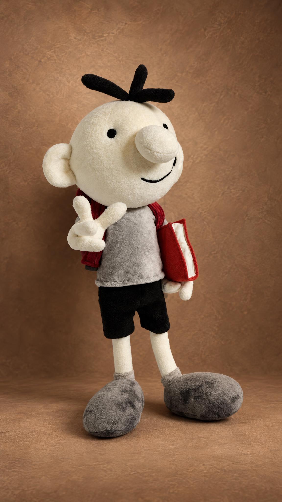 Handmade Greg Heffley soft doll with a peace sign and a red book, a custom Wimpy Kid plush made to order