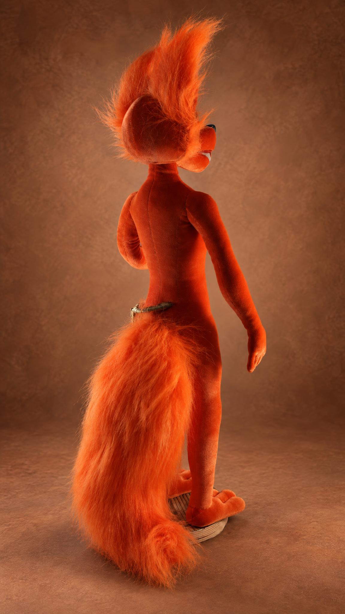 Gregg Lee doll body from behind with the full orange fox tail, handmade to order