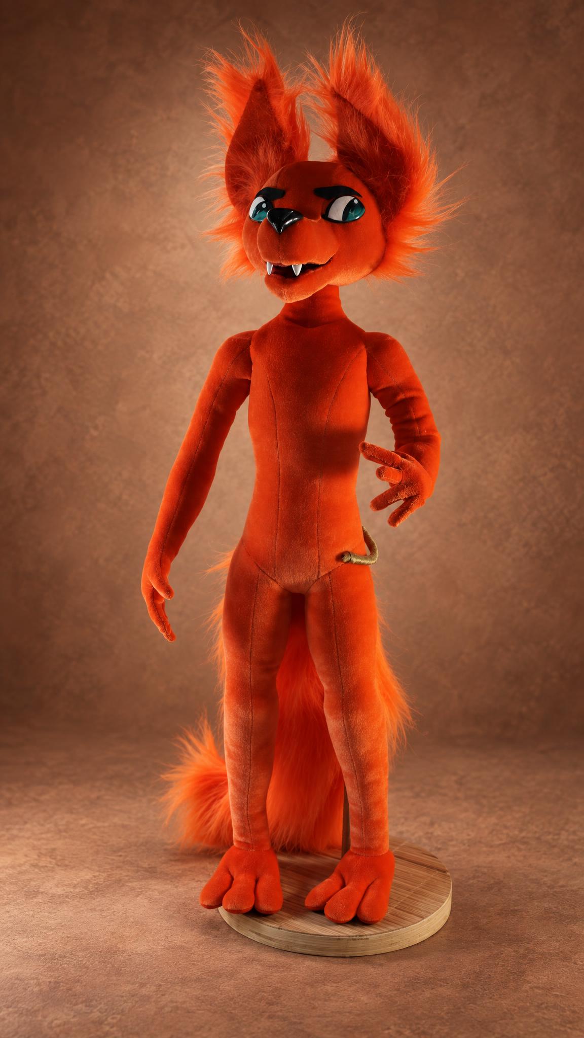 Handmade Gregg doll body, sewn seams and shaped fingers, custom fox plush