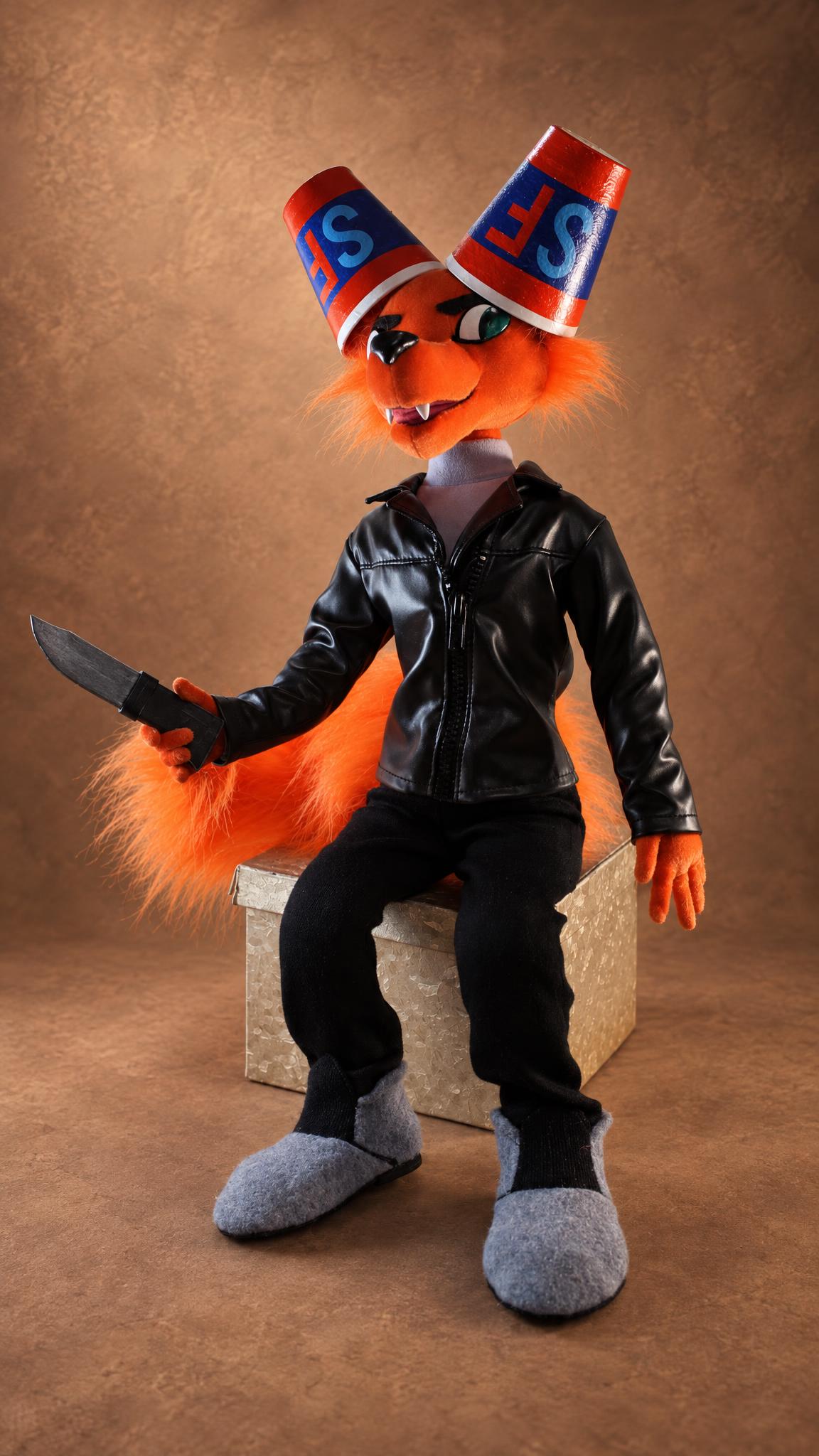 Gregg plush made to order, soda cups on his ears and knife in paw, orange fox doll