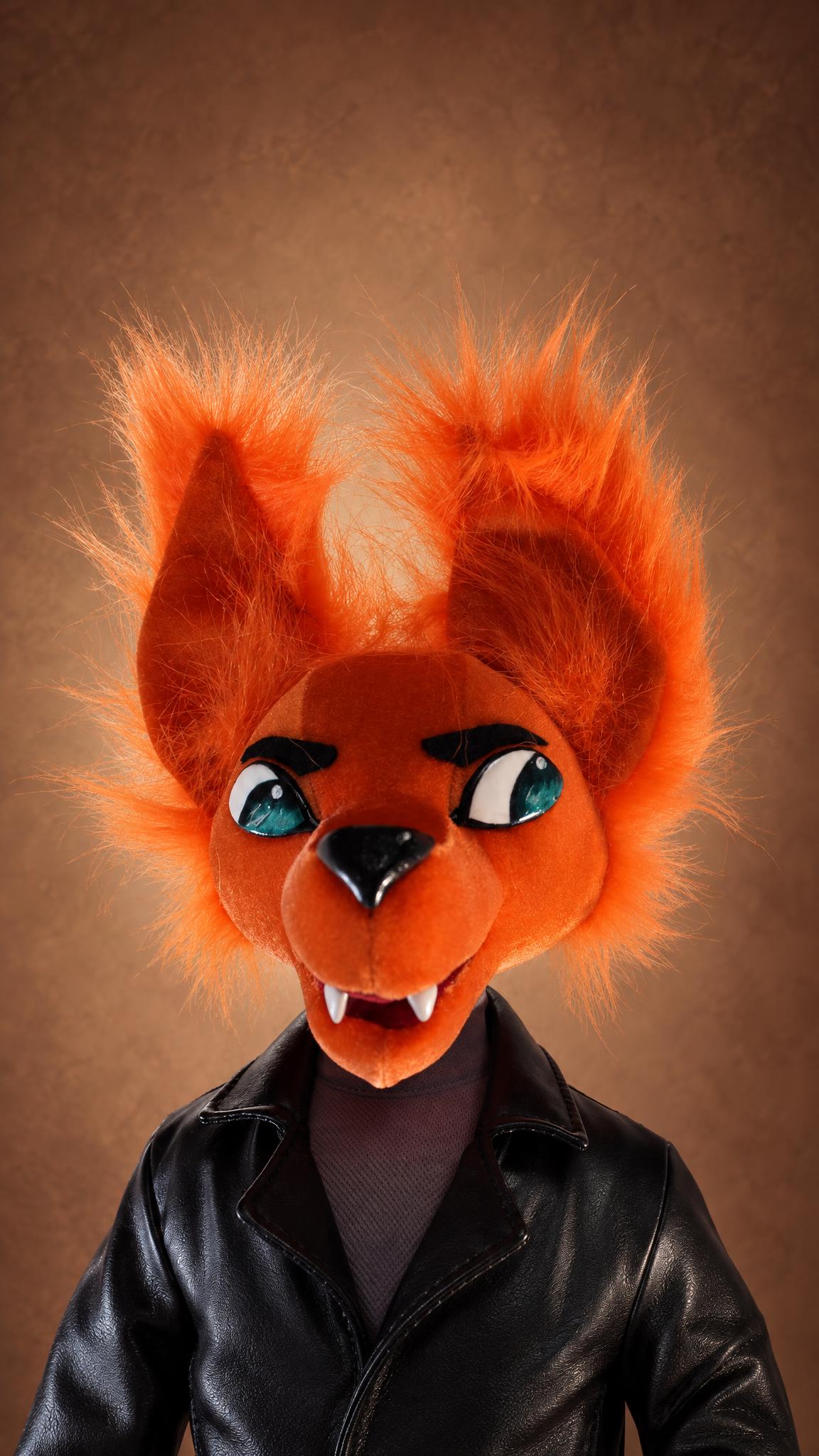 Handmade Gregg plush face detail, teal eyes and fangs, custom Night in the Woods fox