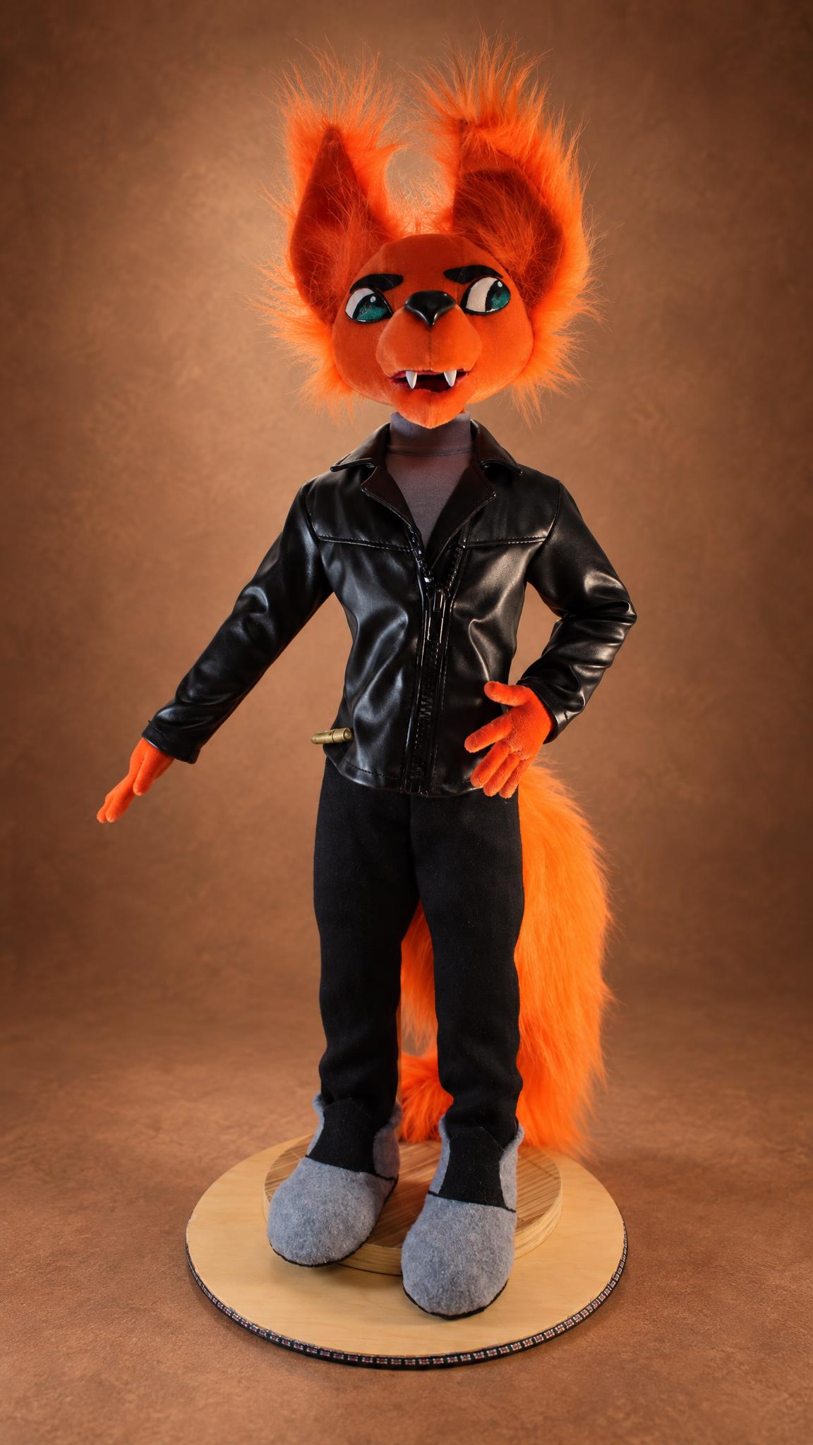 Handmade Gregg plush standing, leather jacket and orange tail, custom fox doll
