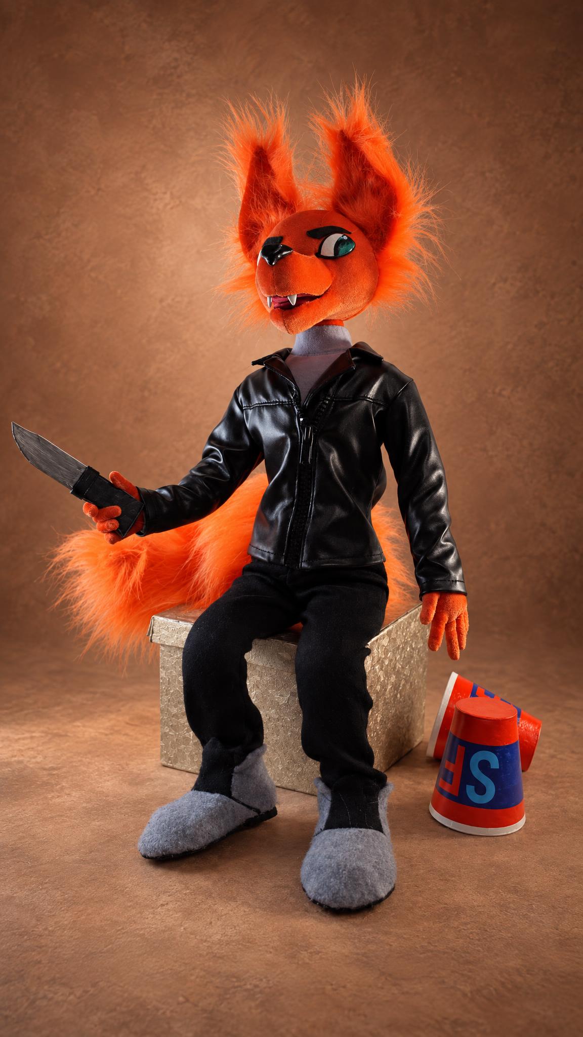 Night in the Woods Gregg plush sitting with knife and soda cups, custom handmade