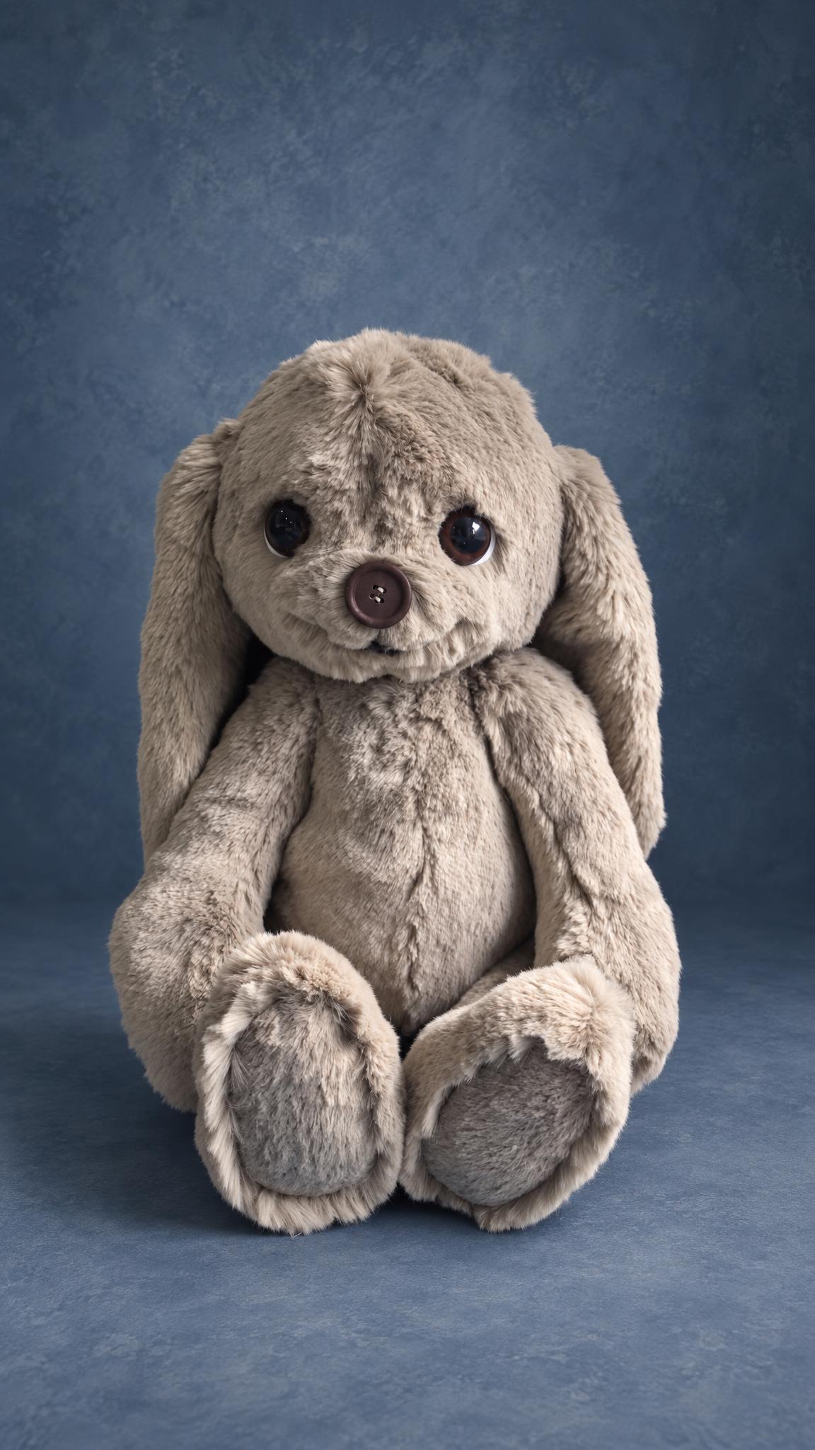 Grey teddy bunny plush sample in soft faux fur, long floppy ears, glass eyes, brown button nose, made to order
