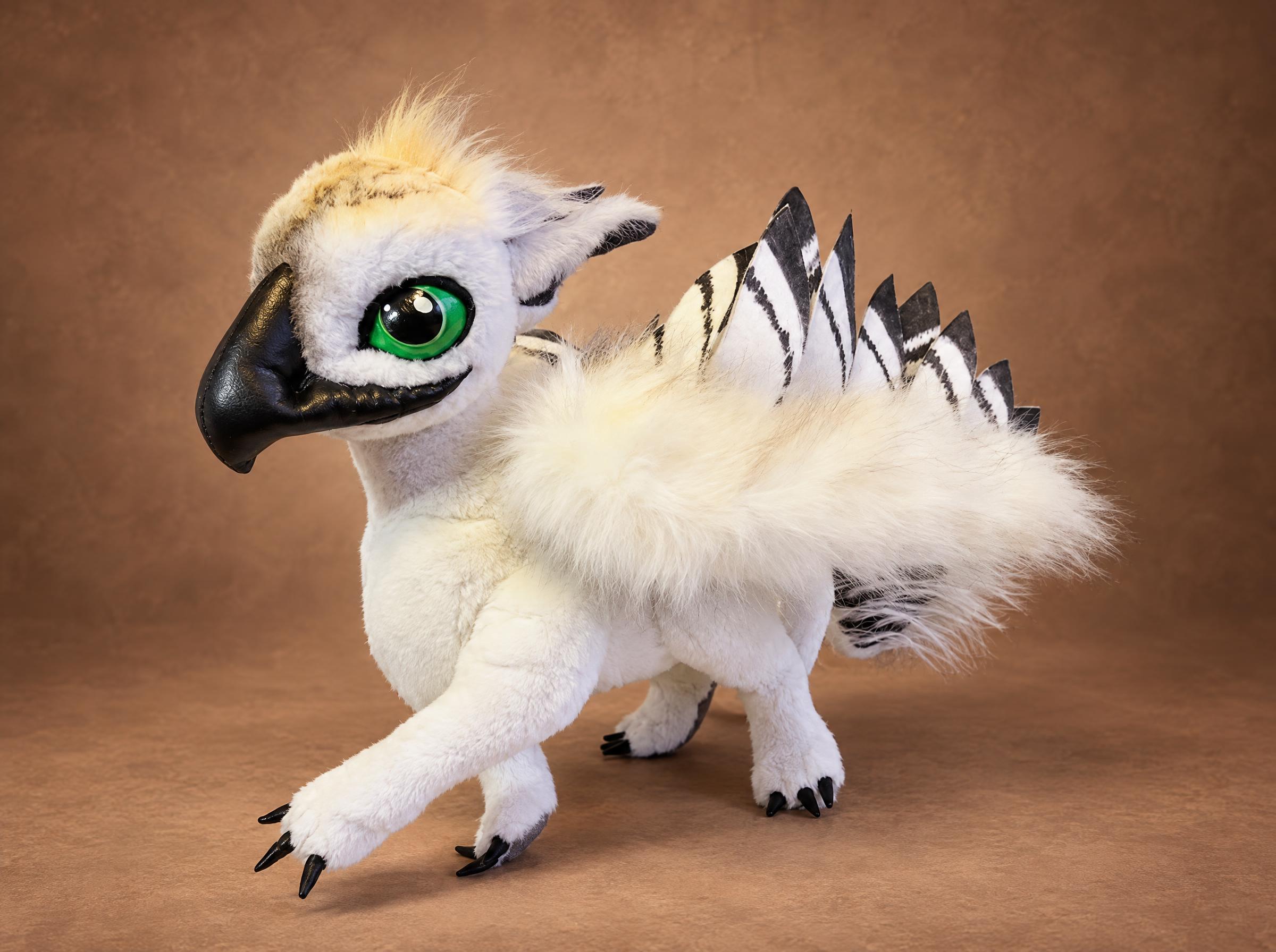 Griffin plush with black beak and feathered wings Handmade griffin stuffed animal stepping forward, black beak, green eye and feathered wings, sewn to order