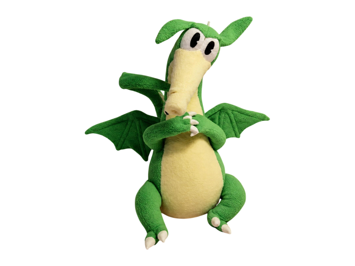 Grim Matchstick custom plush, Cuphead dragon made to order by hand: green fleece, cream belly, bat wings
