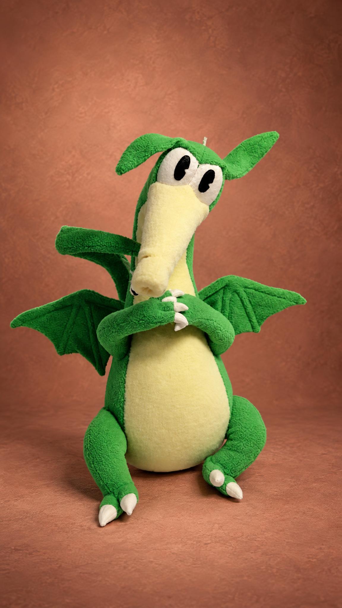 Custom Grim Matchstick plush from Cuphead, handmade to order in green fleece with wings and a yellow snout