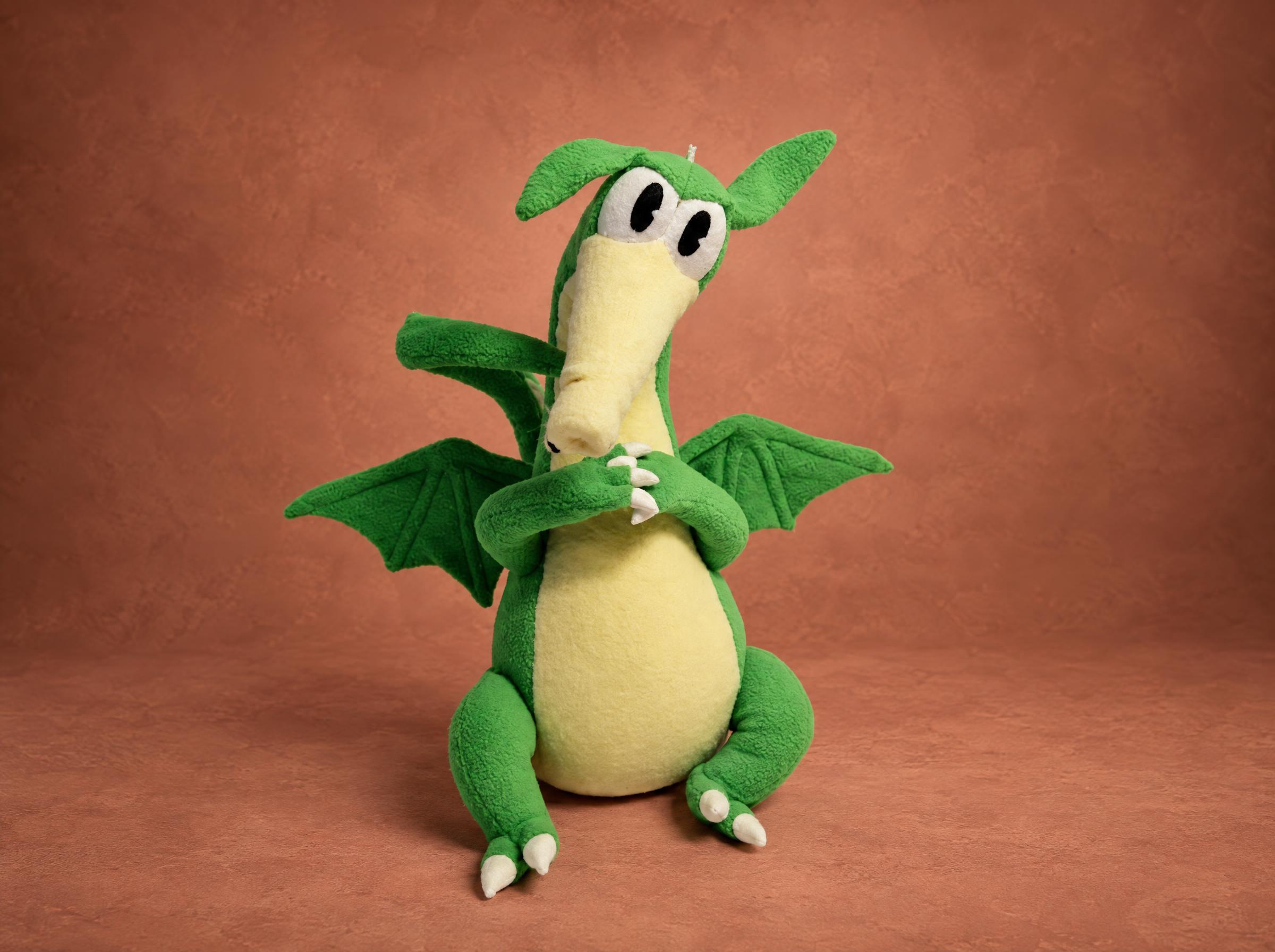 Custom Grim Matchstick plush from Cuphead, handmade to order in green fleece with wings and a yellow snout