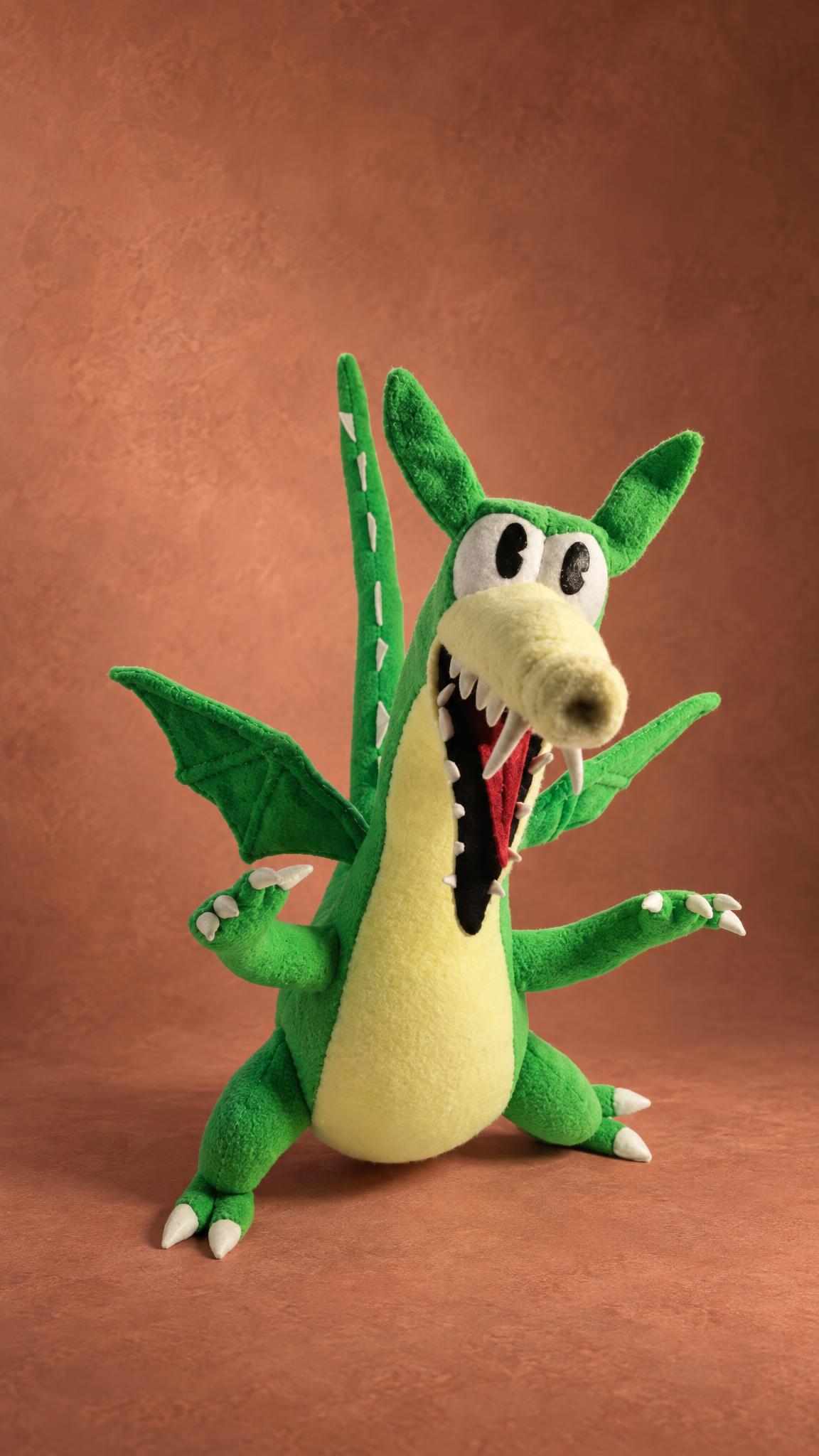 Handmade Grim Matchstick plush roaring with a red tongue and white fangs, arms out, a custom Cuphead plush