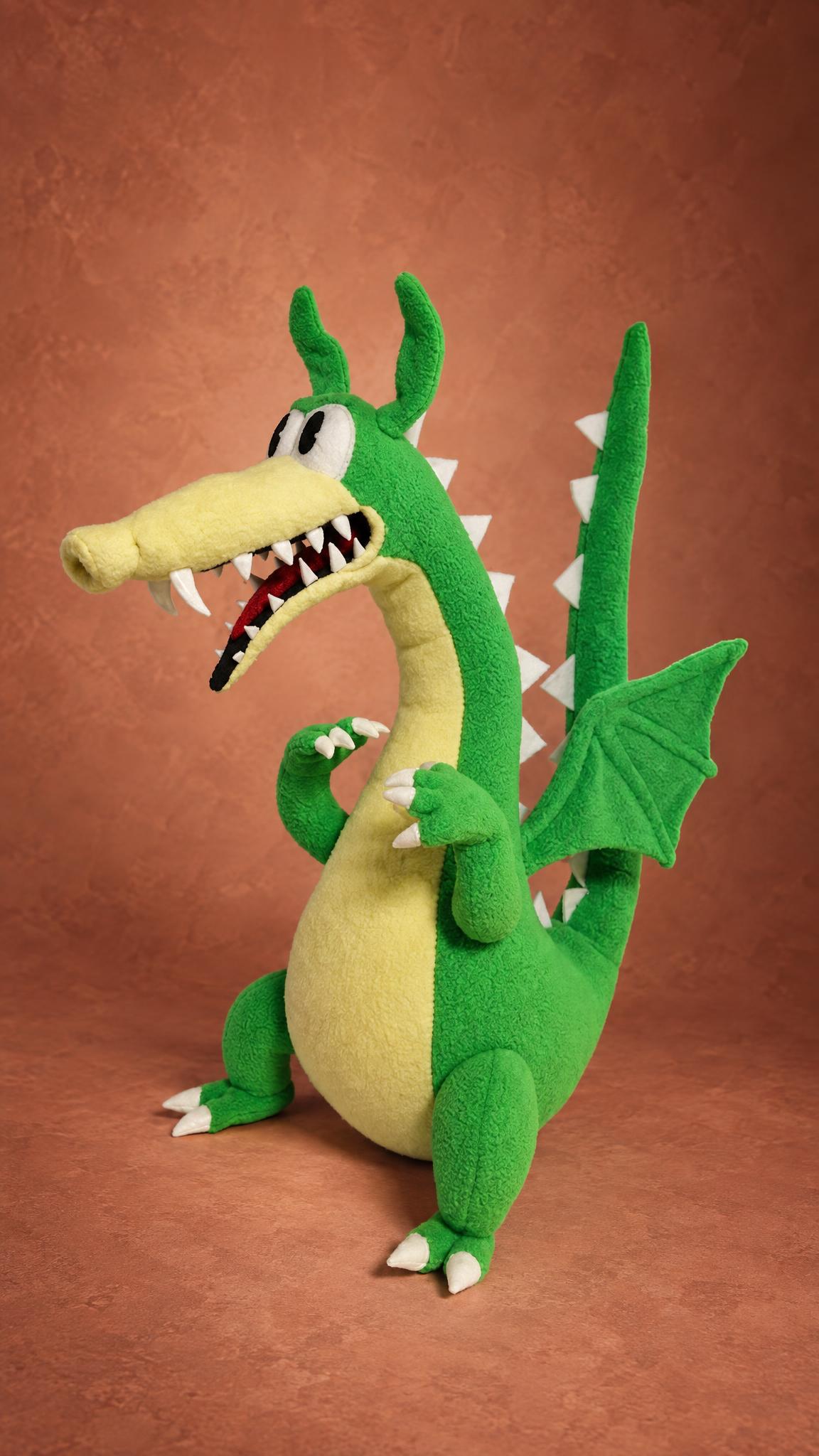 Custom Grim Matchstick plush with an open toothy mouth, white back spikes and a tall tail, a Cuphead dragon