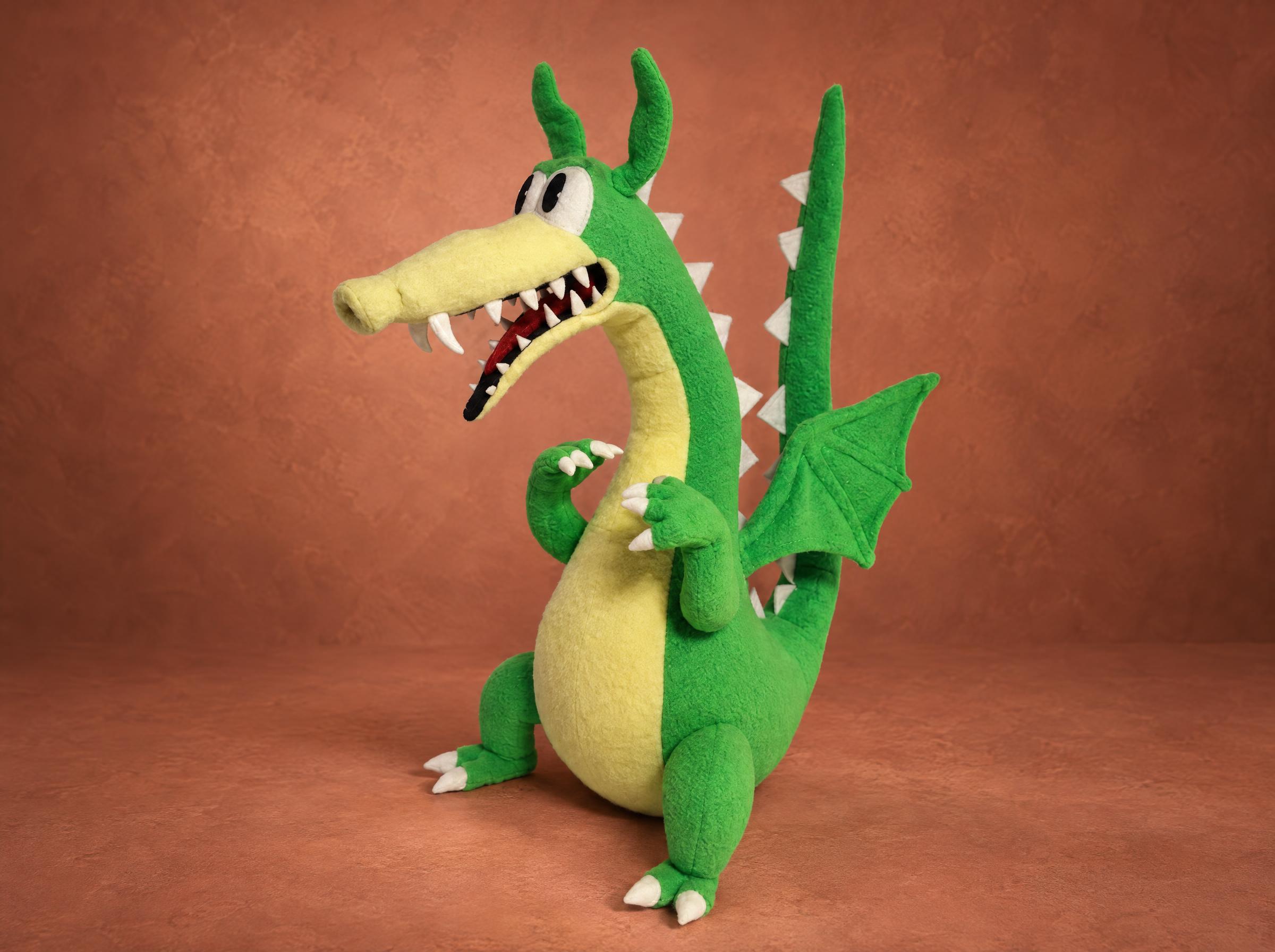 Grim Matchstick Plush, Custom Cuphead Dragon Custom Grim Matchstick plush with an open toothy mouth, white back spikes and a tall tail, a Cuphead dragon
