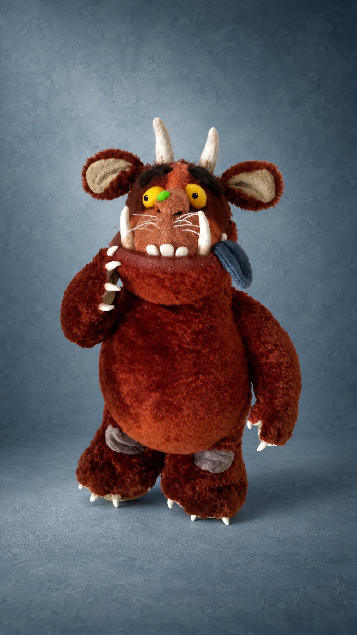 Custom Gruffalo plush with horns, tusks and a green wart nose, handmade to order