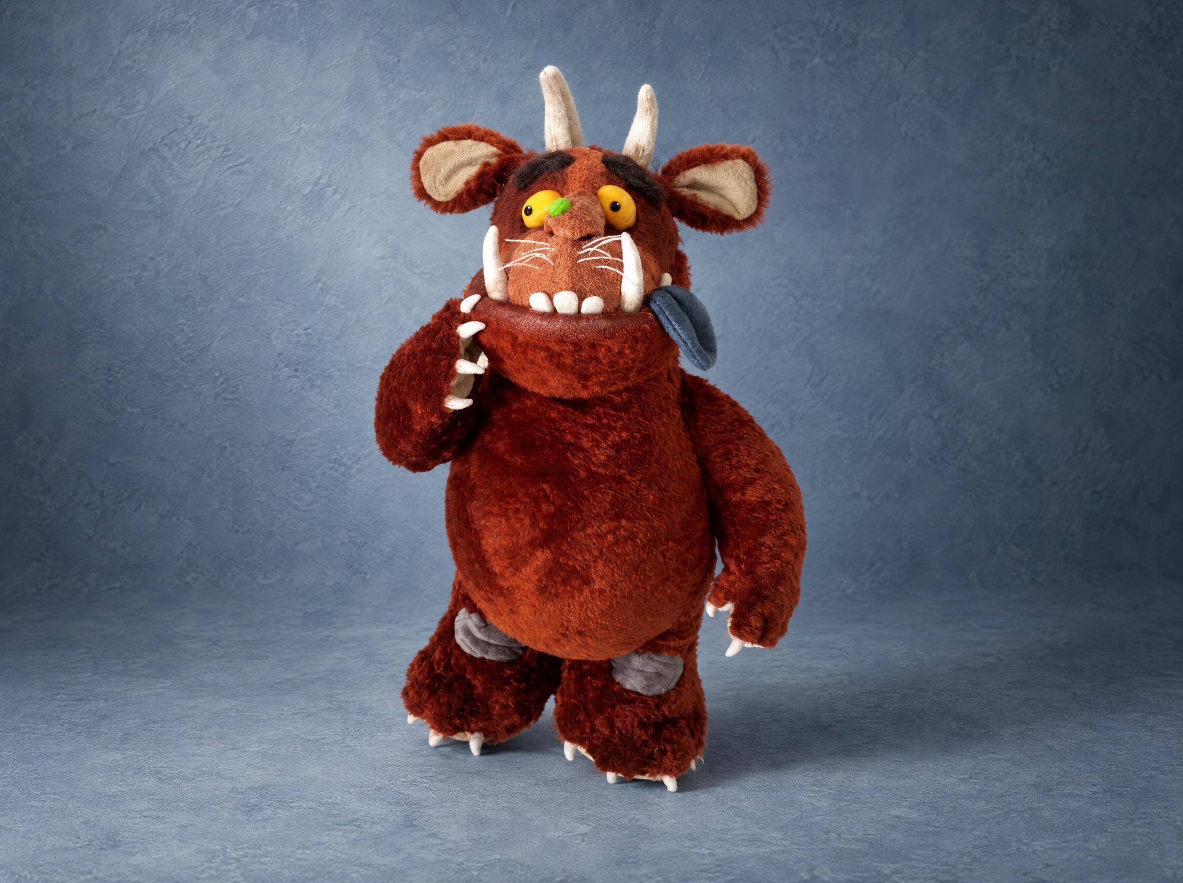 Gruffalo plush from the Julia Donaldson book, brown faux fur, white horns and tusks, green wart nose, sewn to order