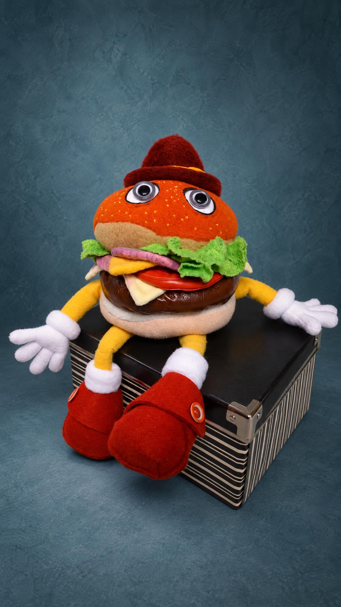 Custom hamburger plush with googly eyes, white gloves and red felt shoes, handmade to order from a drawing