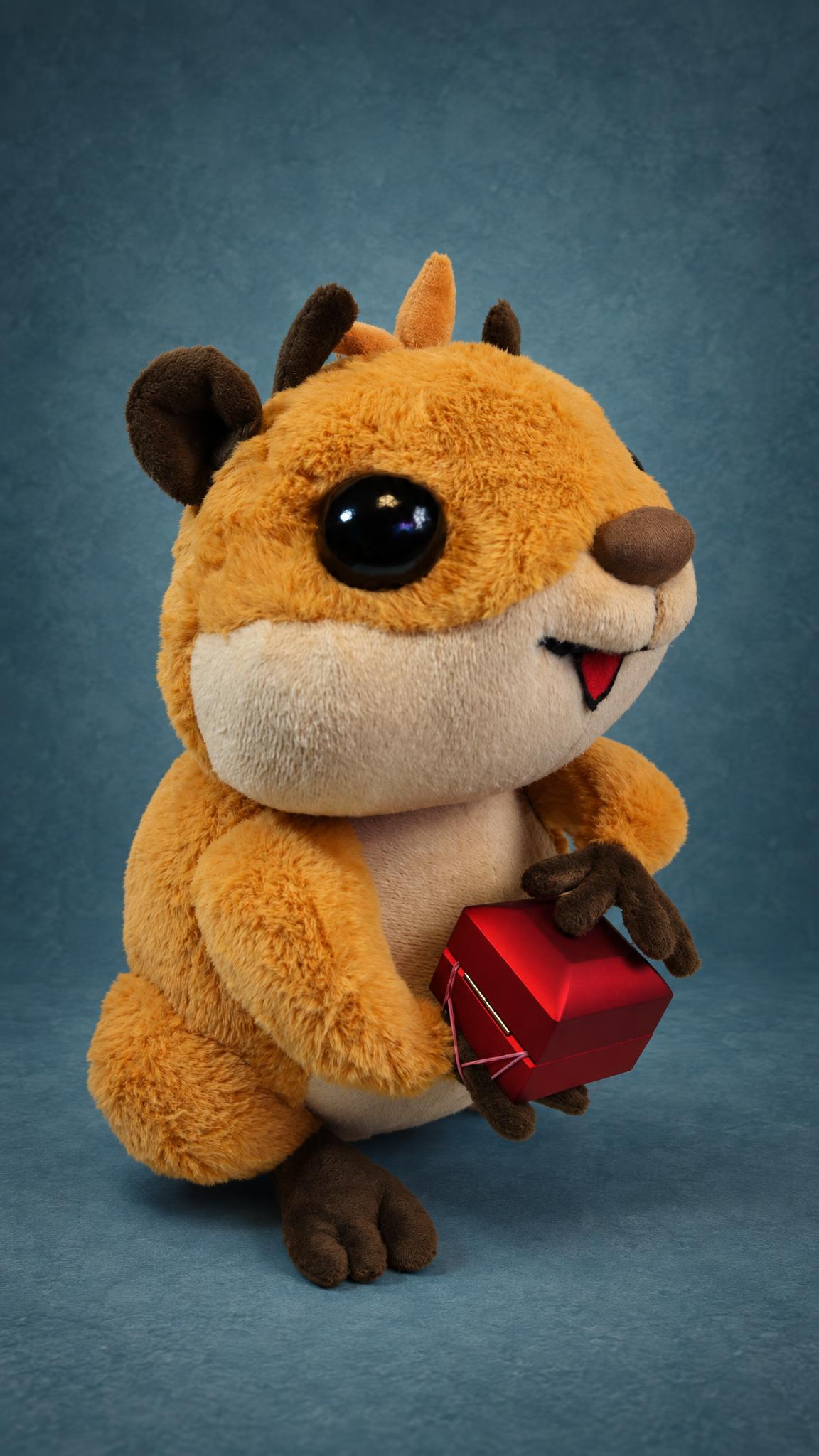 Custom proposal hamster plush in profile, brown ears and horns, red ring box in its paws, sewn to order