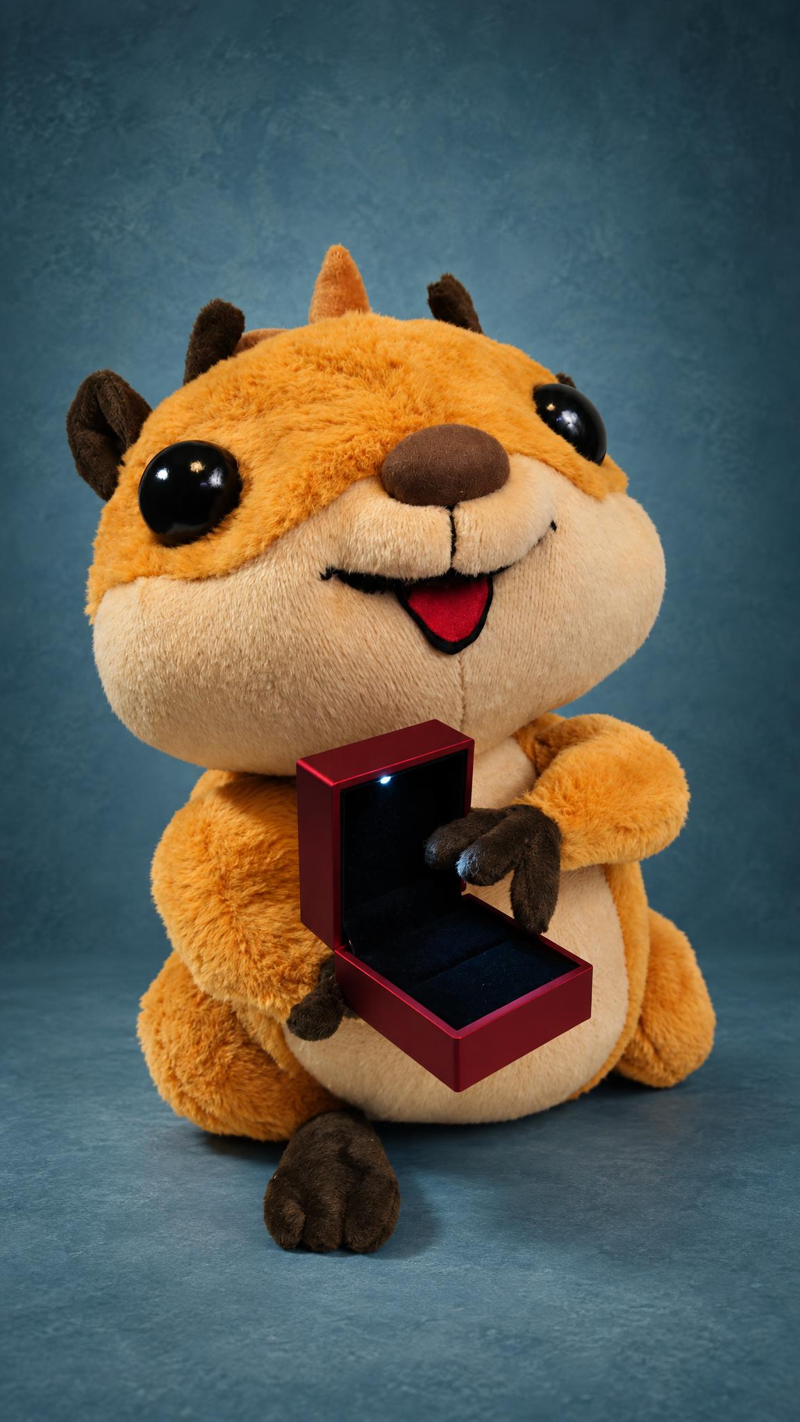 Handmade proposal plush: grinning hamster with a red tongue shows a glowing ring box, sewn from a sticker