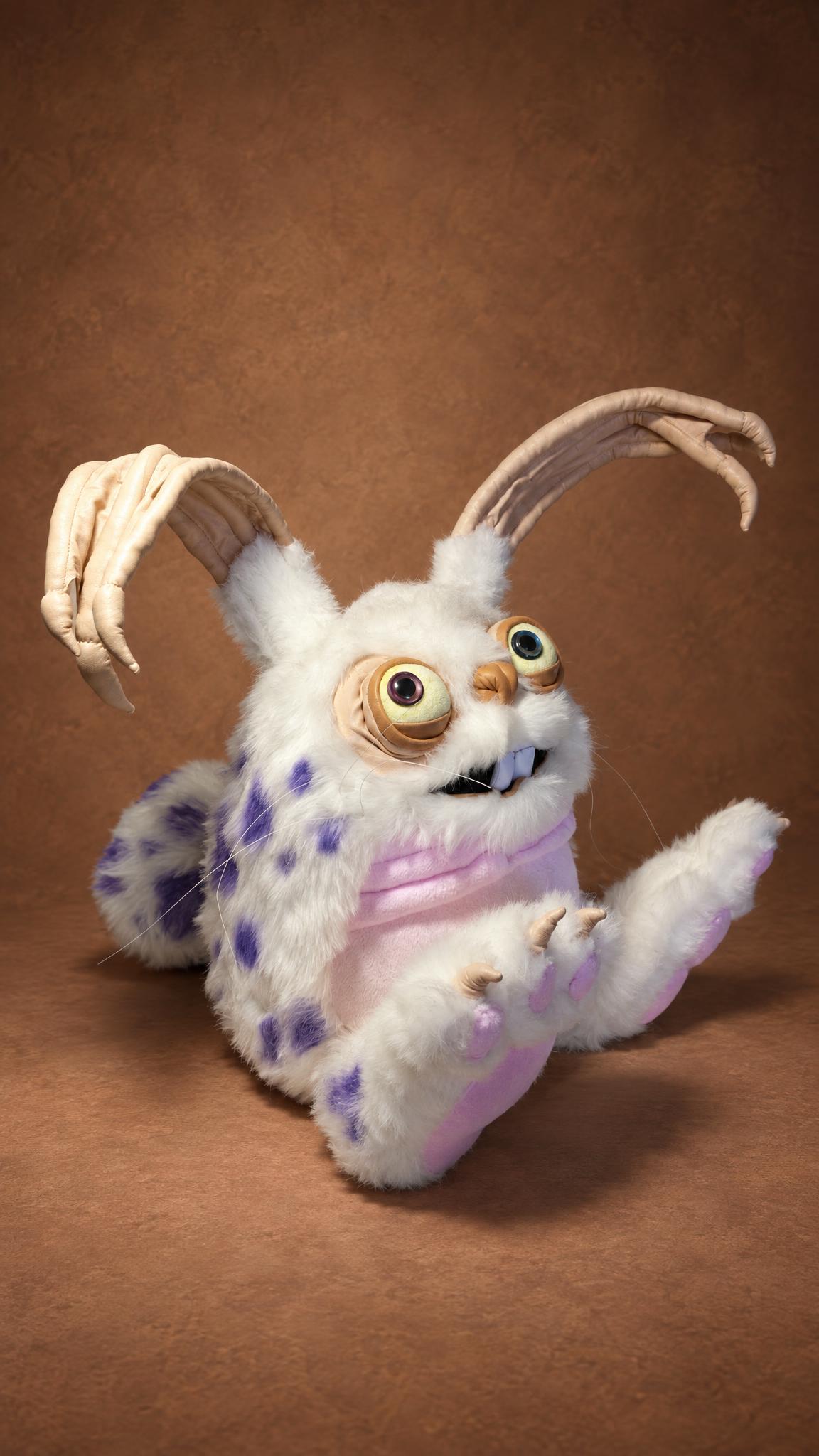 Huggable Blabbit stuffed animal from My Singing Monsters with whiskers and purple-spotted fur, sewn to order