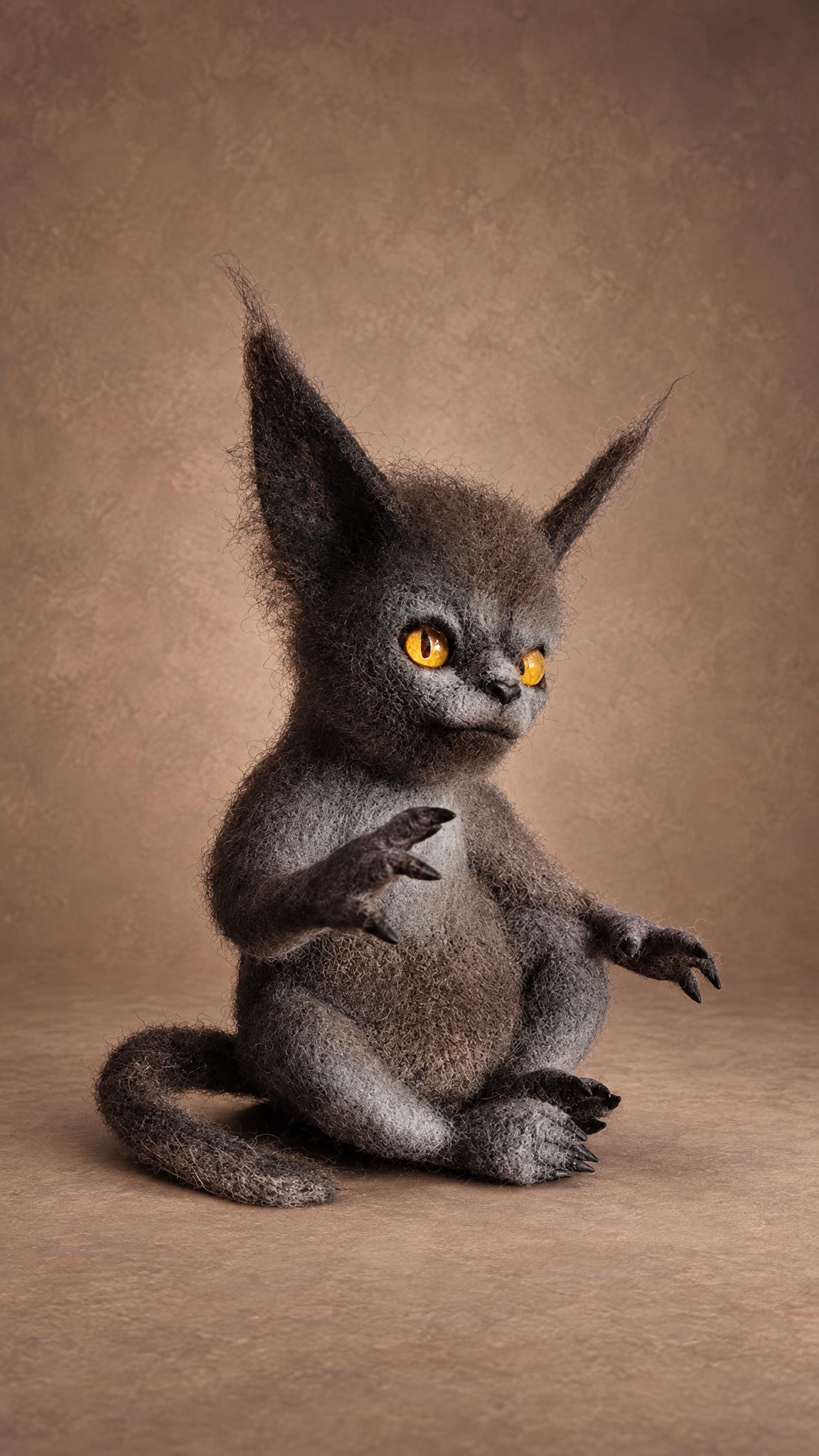Handmade book character toy Shishimora with glowing amber eyes and a grumpy frown, felted to order