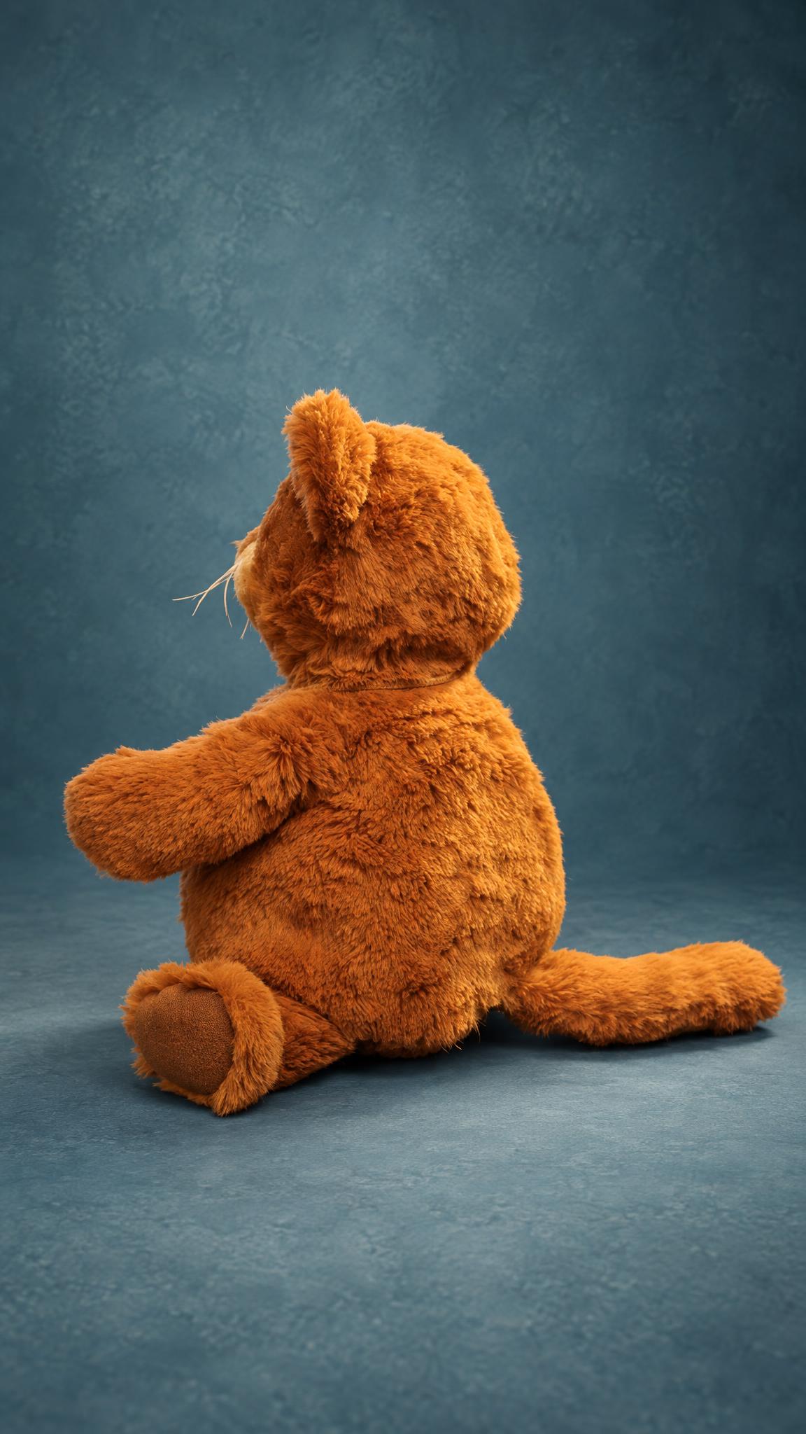 Handmade cat plush copy of a lost toy, made to order: sitting with its long fluffy tail out, golden-brown fur