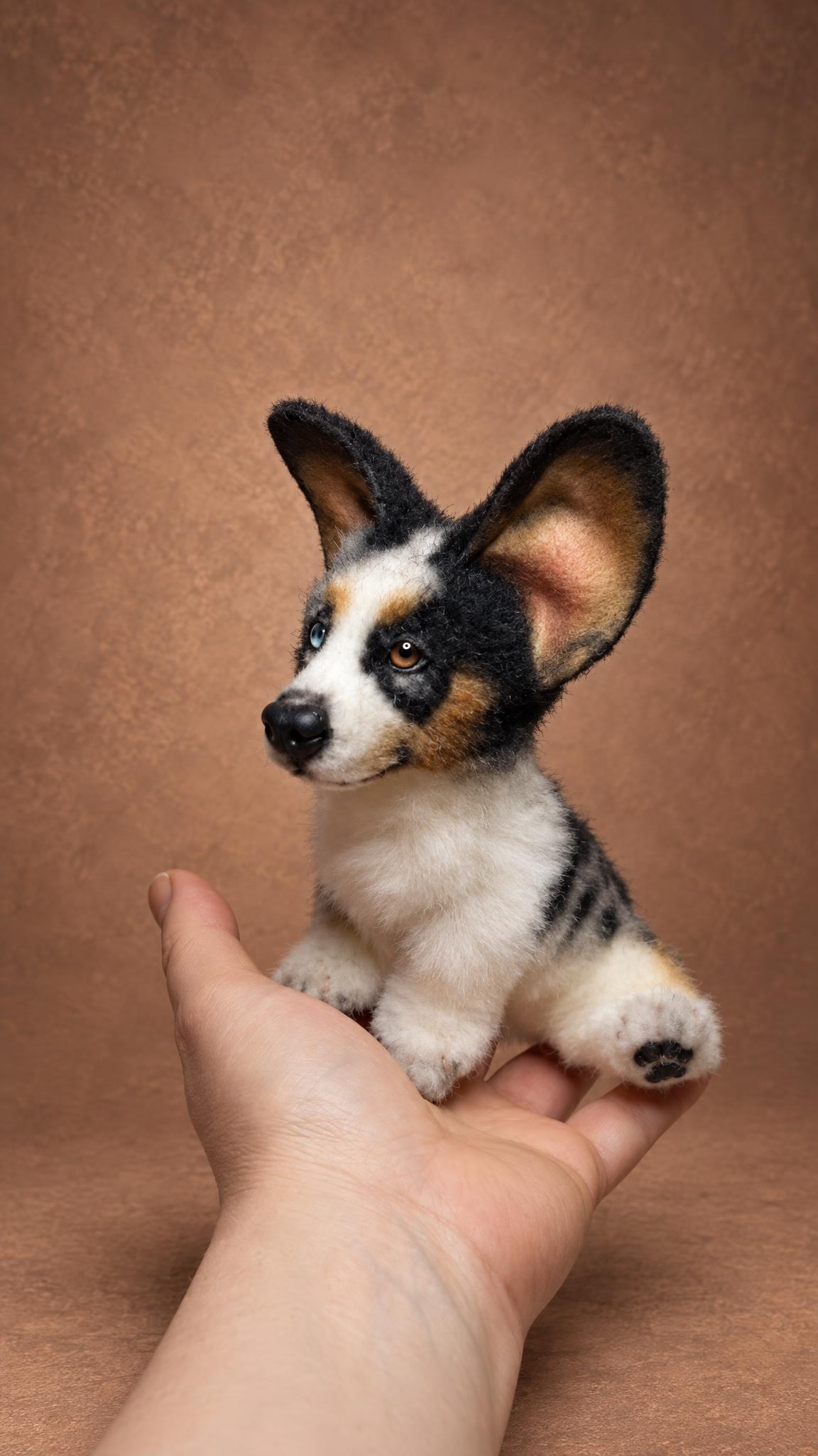 Sitting corgi plush with black ears and white chest, custom made to order from a real pet's photos