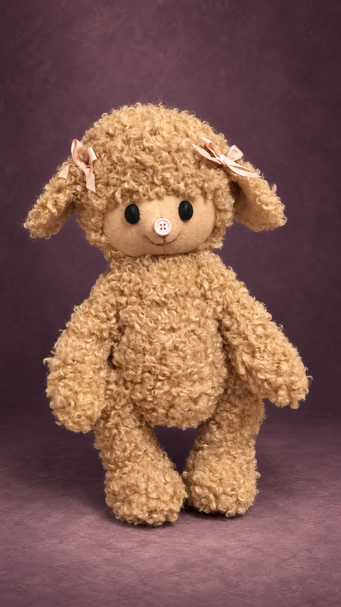 Handmade teddy-style curly sheep plush, black glass eyes and a stitched smile, a custom sample for a brand
