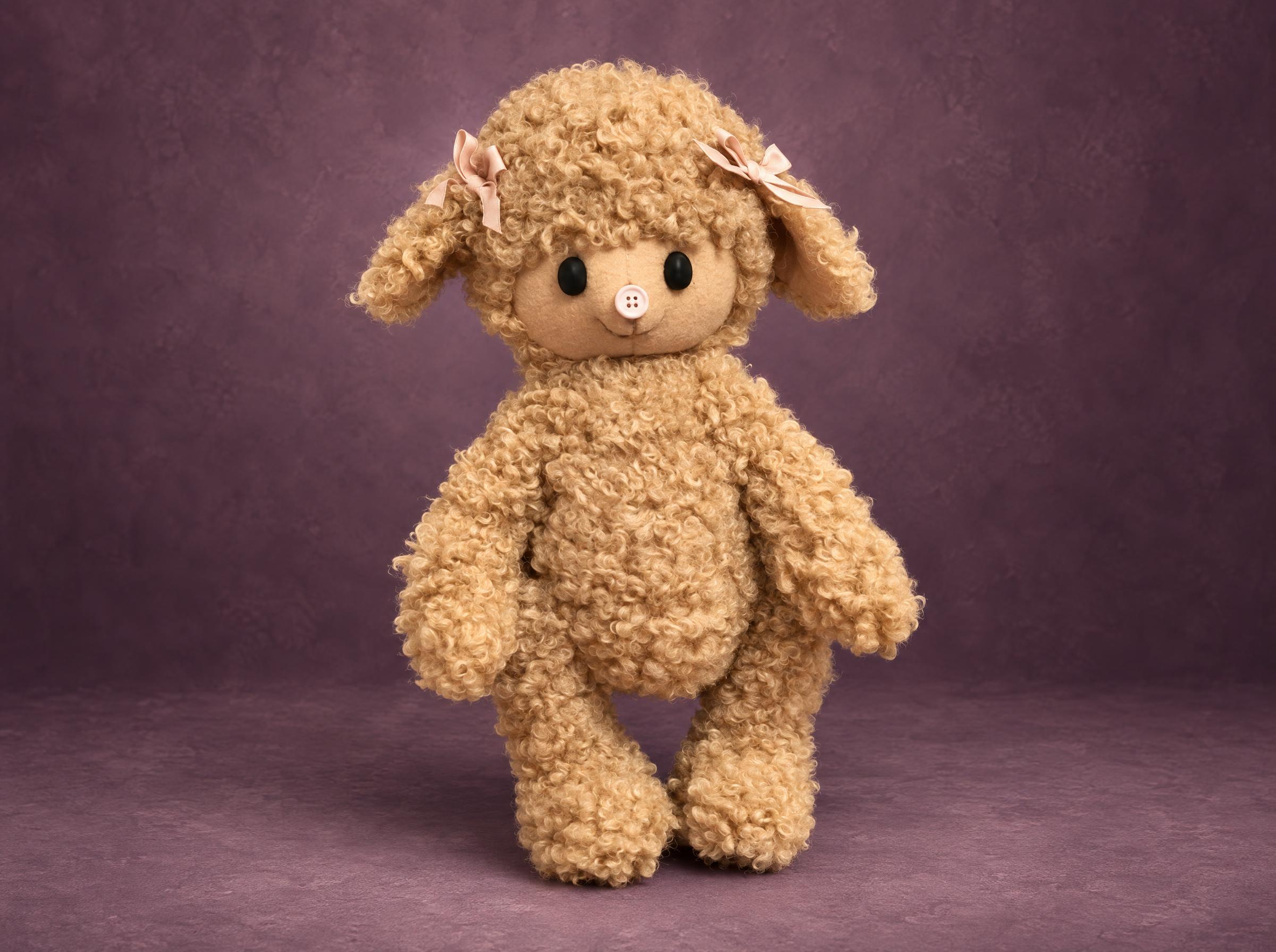 Handmade teddy-style curly sheep plush Handmade teddy-style curly sheep plush, black glass eyes and a stitched smile, a custom sample for a brand