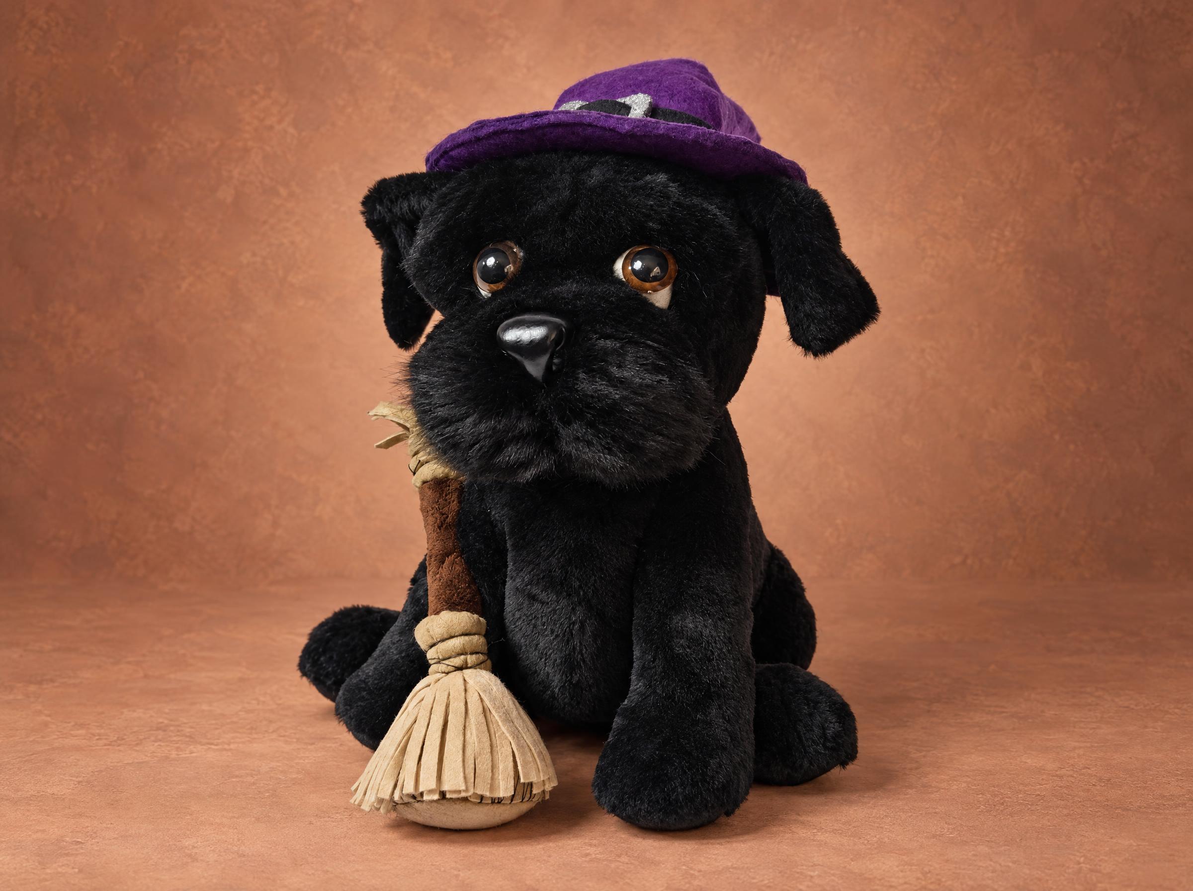Handmade dog mascot plush with brown eyes Handmade dog mascot plush with big brown eyes, a shiny black nose and a fringed broom, a black terrier to order