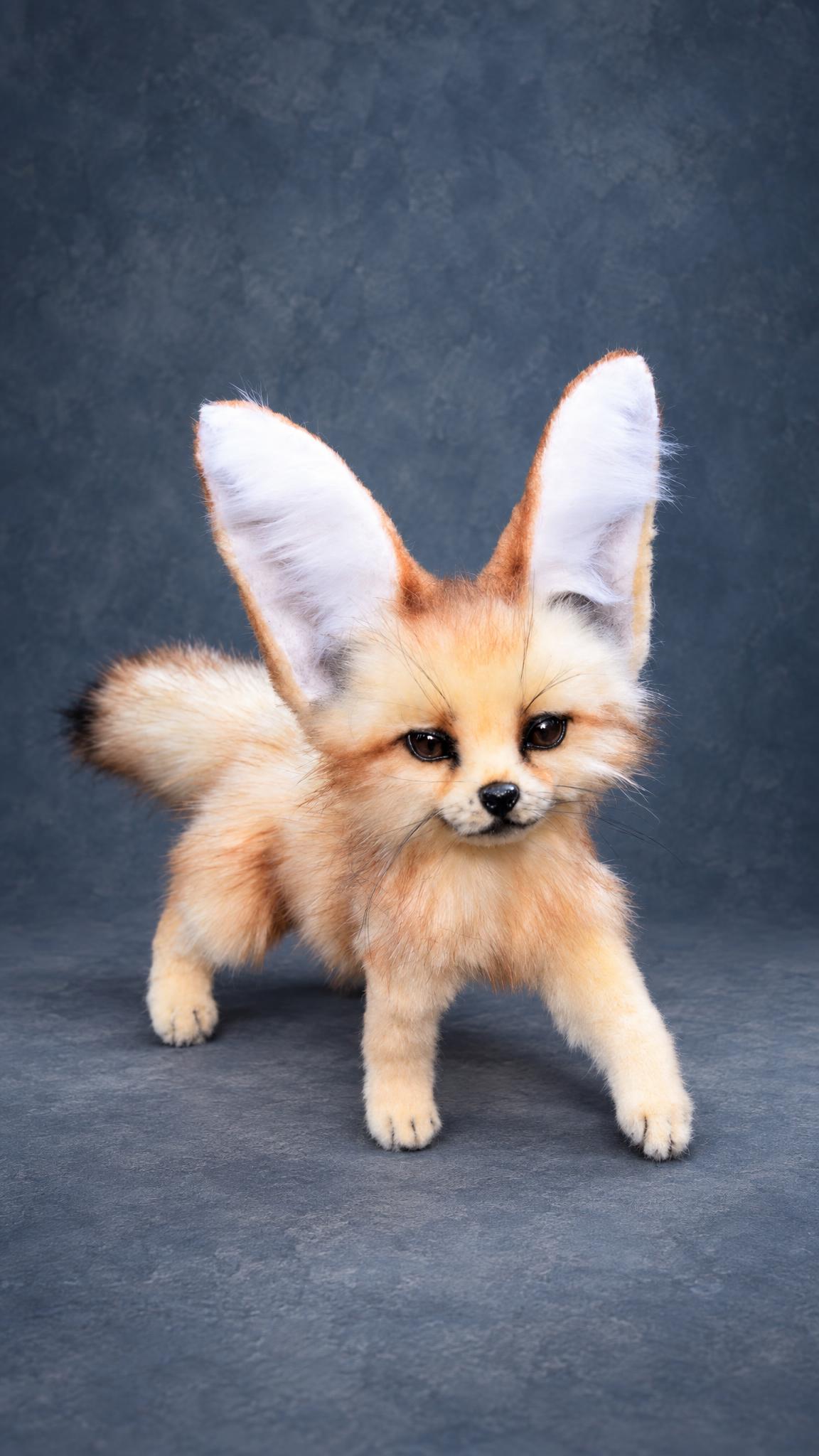 Handmade fennec plush, the desert fox with big ears, standing face-on with its tail raised, made to order