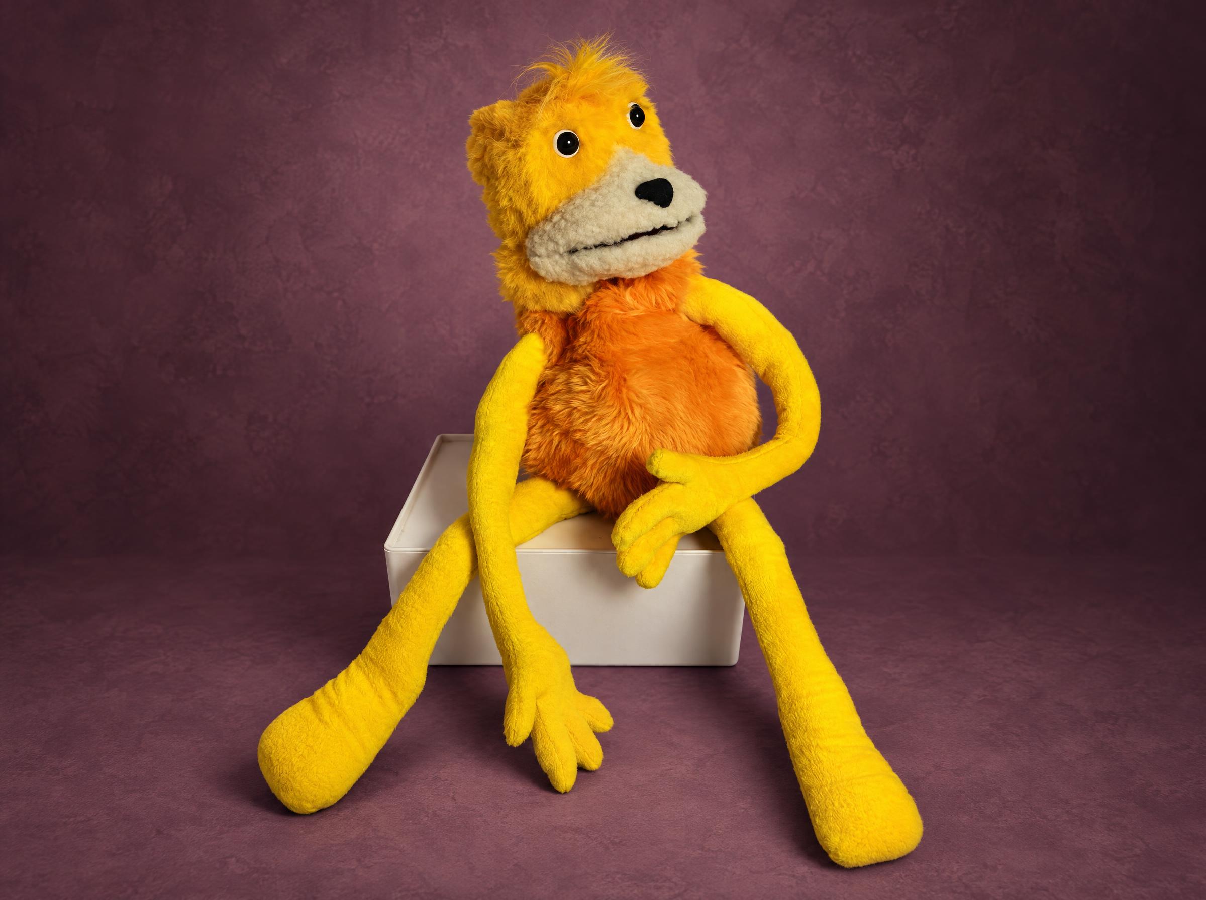 Handmade Flat Eric Plush Puppet, Made to Order Handmade Flat Eric plush puppet made to order, yellow fur, cream muzzle, long legs dangling from a white box