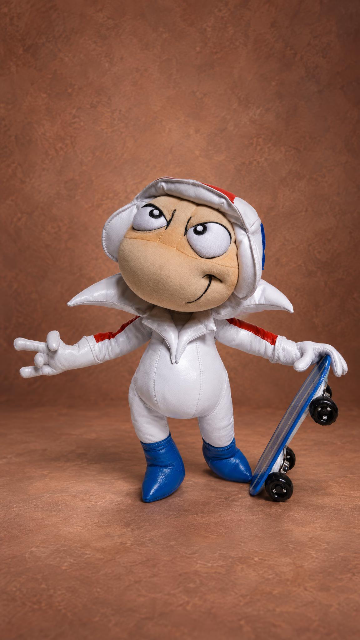 Handmade Kick Buttowski toy from Suburban Daredevil, sewn to order, peace sign up and his blue skateboard in hand