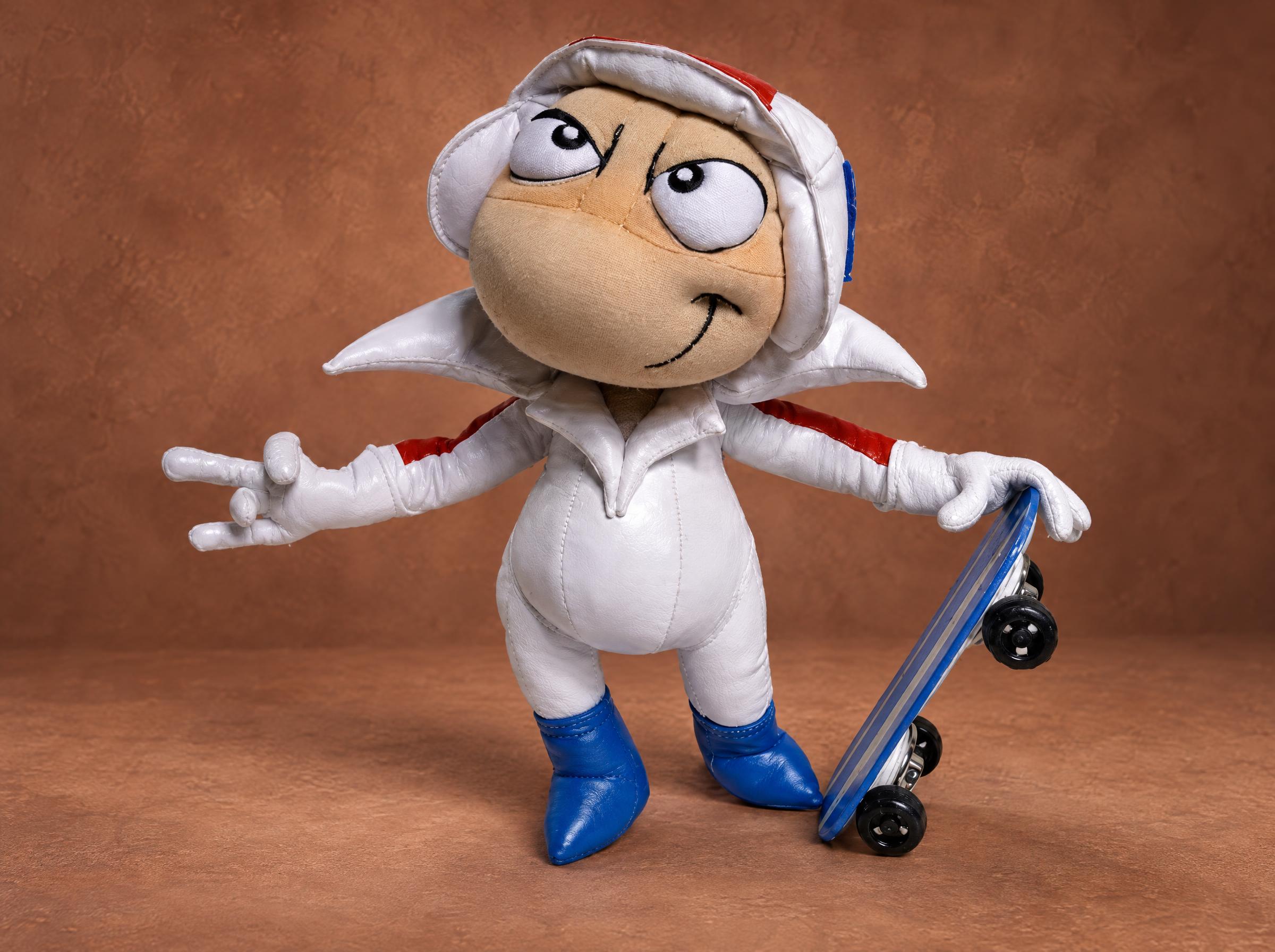 Handmade Kick Buttowski Toy with a Peace Sign Handmade Kick Buttowski toy from Suburban Daredevil, sewn to order, peace sign up and his blue skateboard in hand