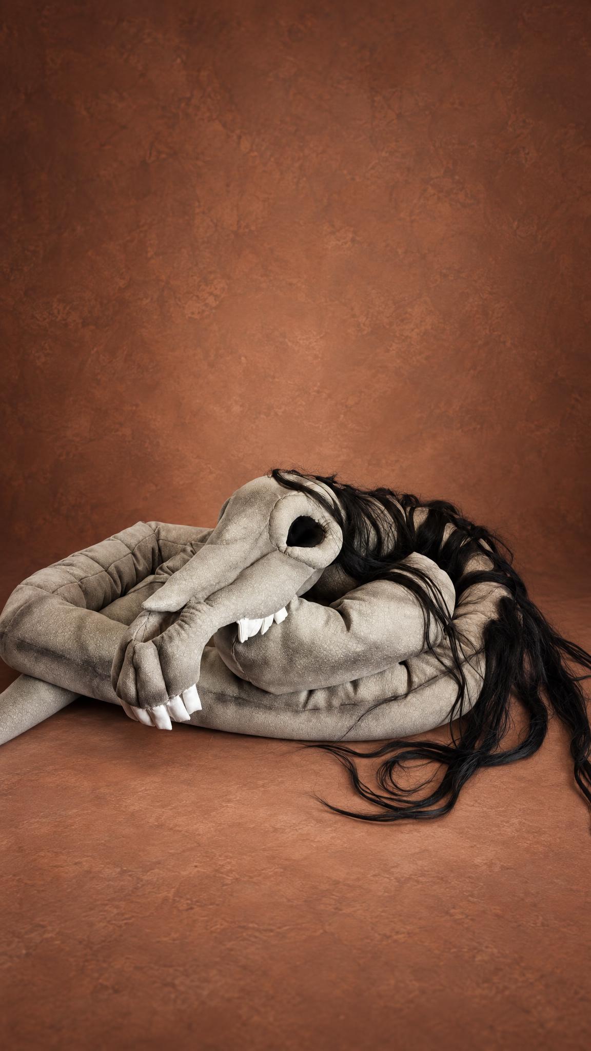 Handmade Long Horse toy, sewn to order: grey skull with white teeth on a long coiled neck, black hair trailing
