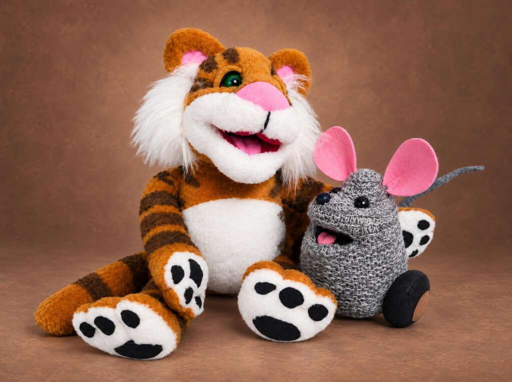 Mew and Rugby from Jim Henson's The Christmas Toy, made to order: grey mouse, pink ears, grinning tiger