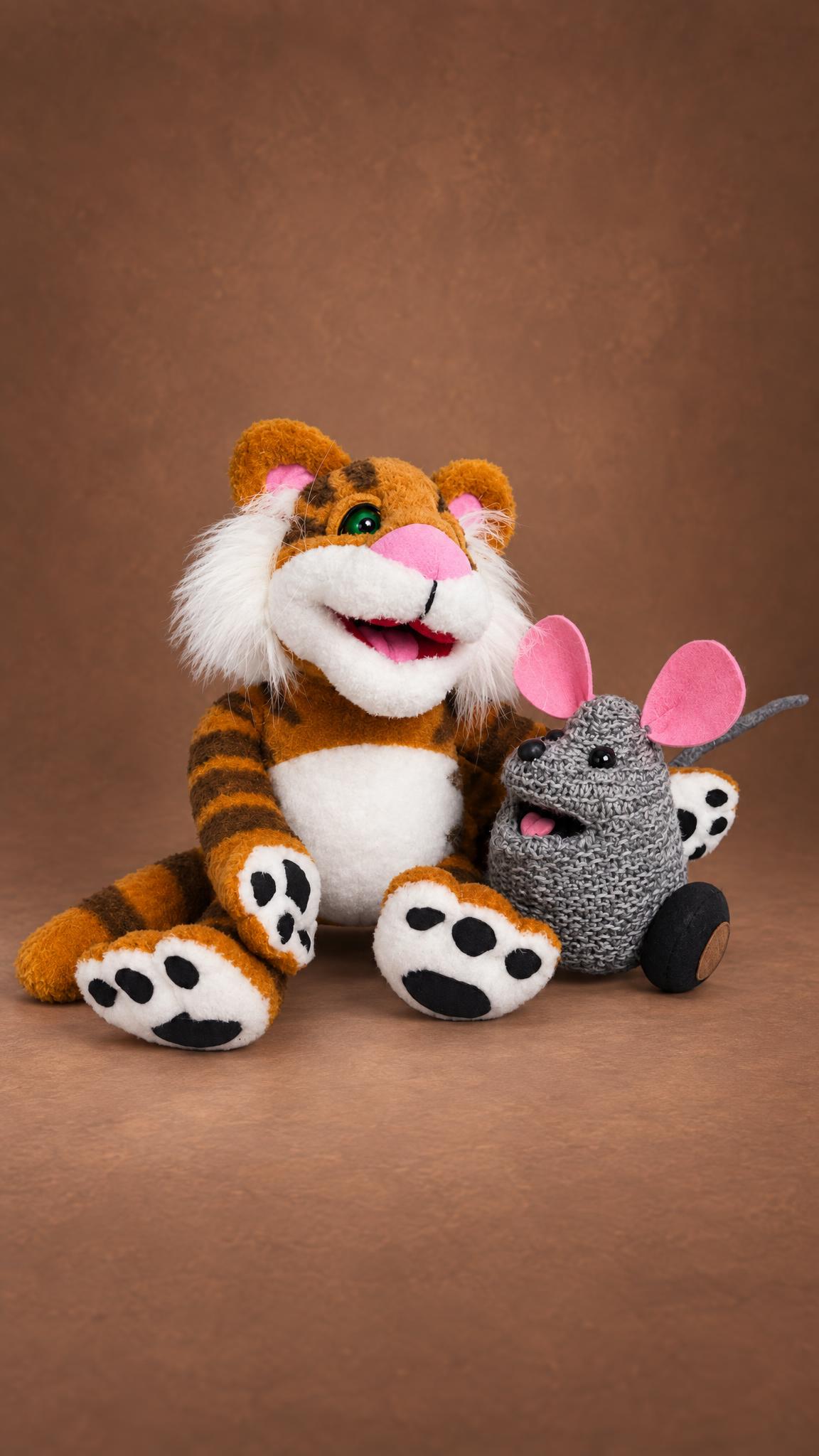 Mew and Rugby from Jim Henson's The Christmas Toy, made to order: grey yarn mouse, pink ears, grinning tiger