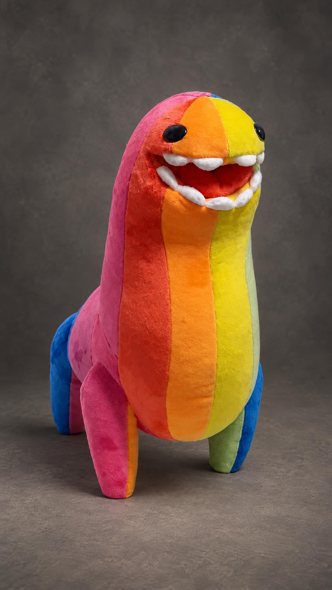 Handmade monster plush in pink, coral, orange and yellow panels with a red mouth and rounded white teeth