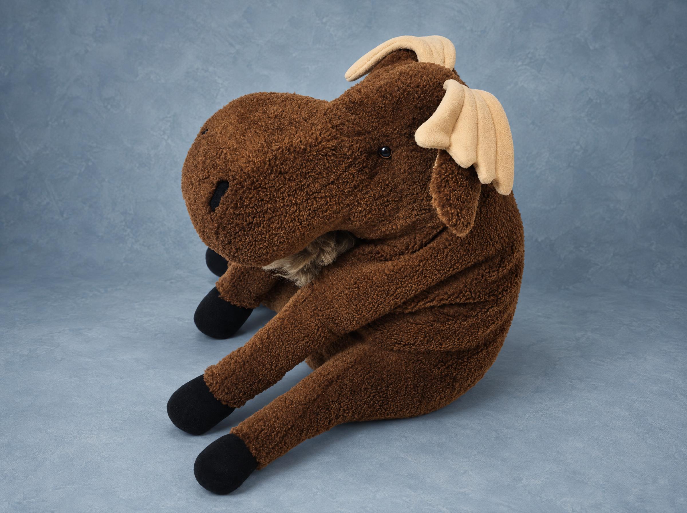 Handmade moose plush toy on long legs Handmade moose plush toy sitting back on long legs, big soft muzzle and beige antlers, sewn to order