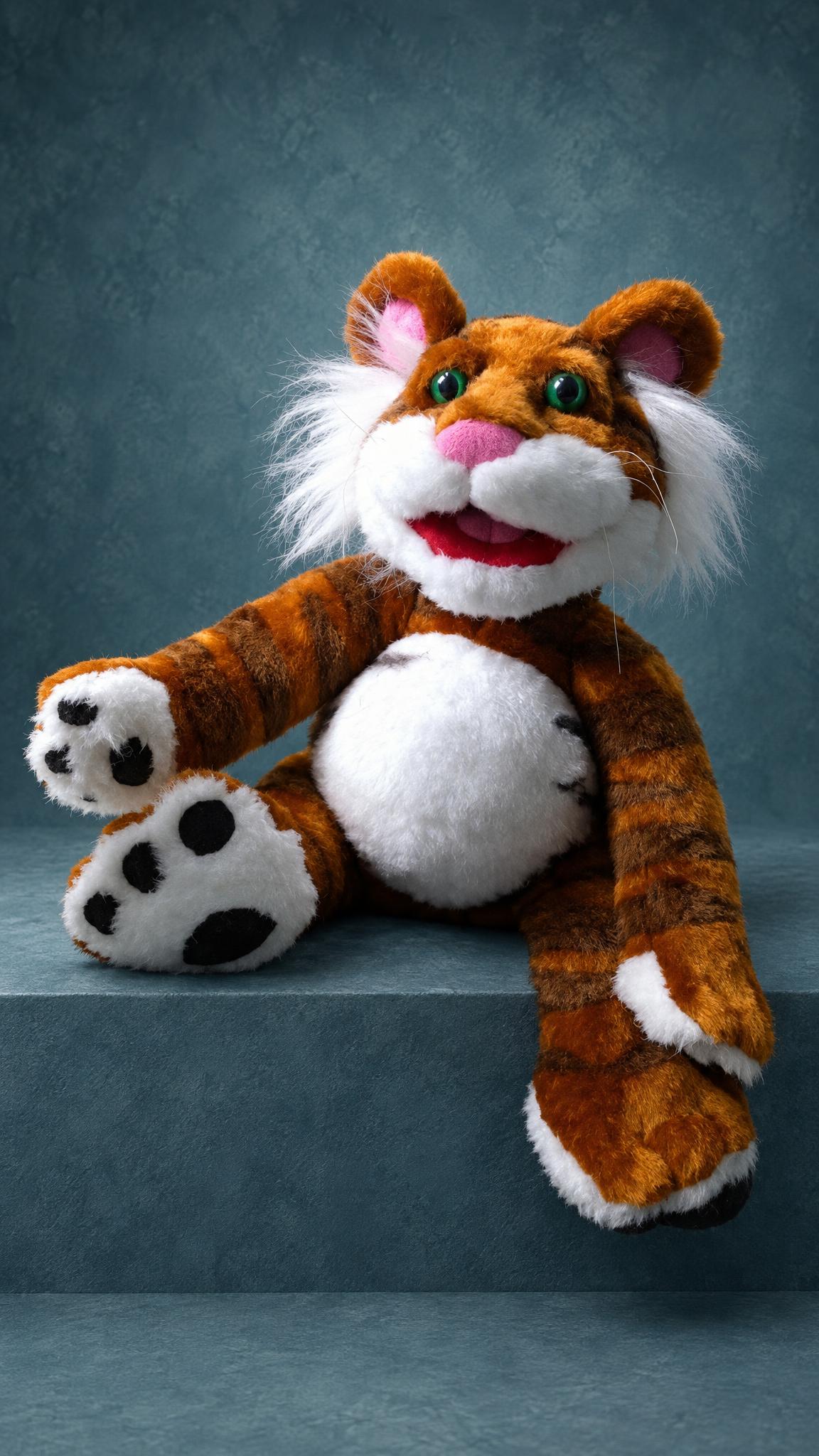 Handmade Rugby tiger plush on a ledge, one paw raised, white cheek fur and pink nose, made to order