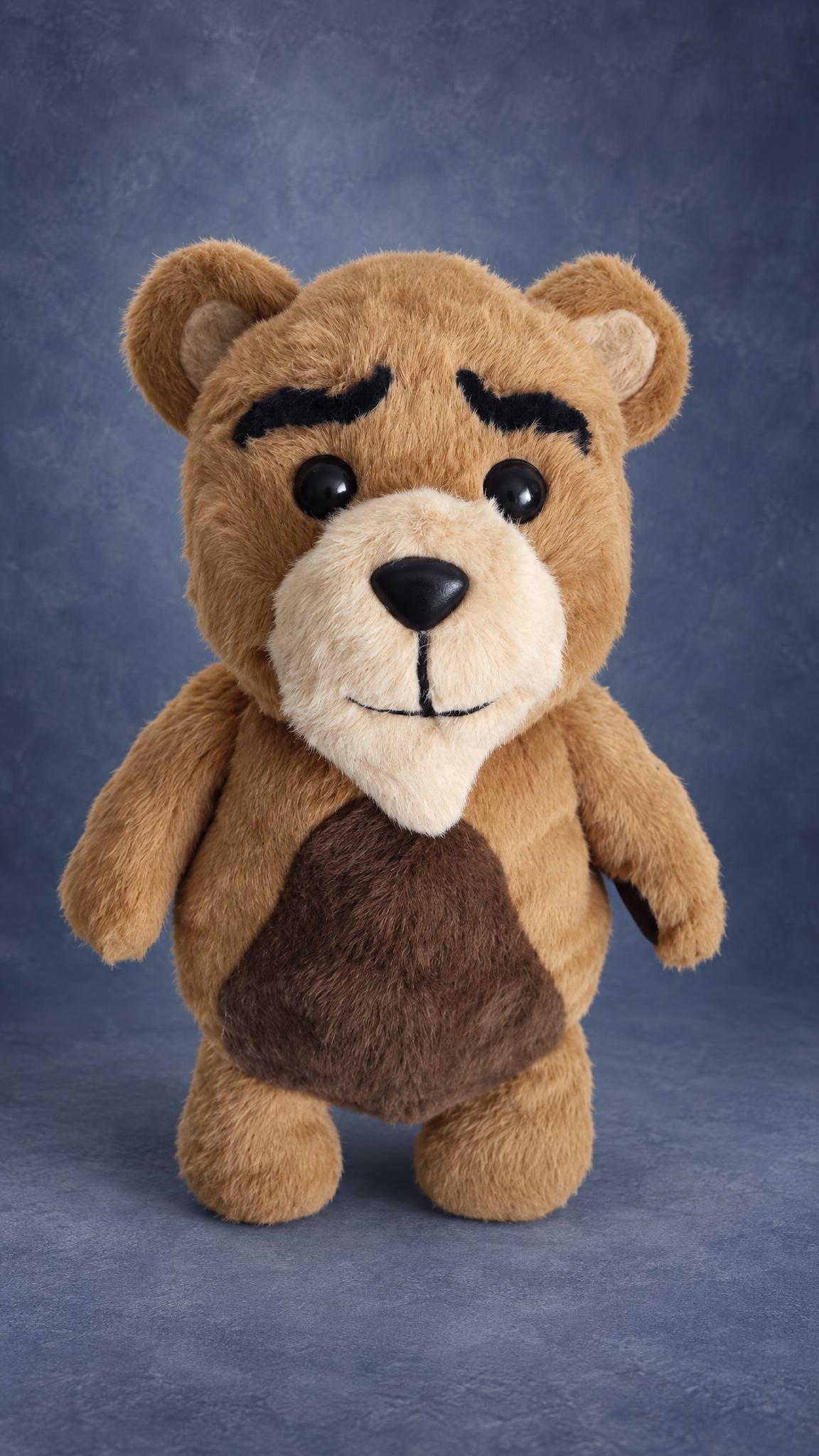 Handmade teddy bear sample in faux fur before dressing: bushy black brows, cream goatee, brown belly patch