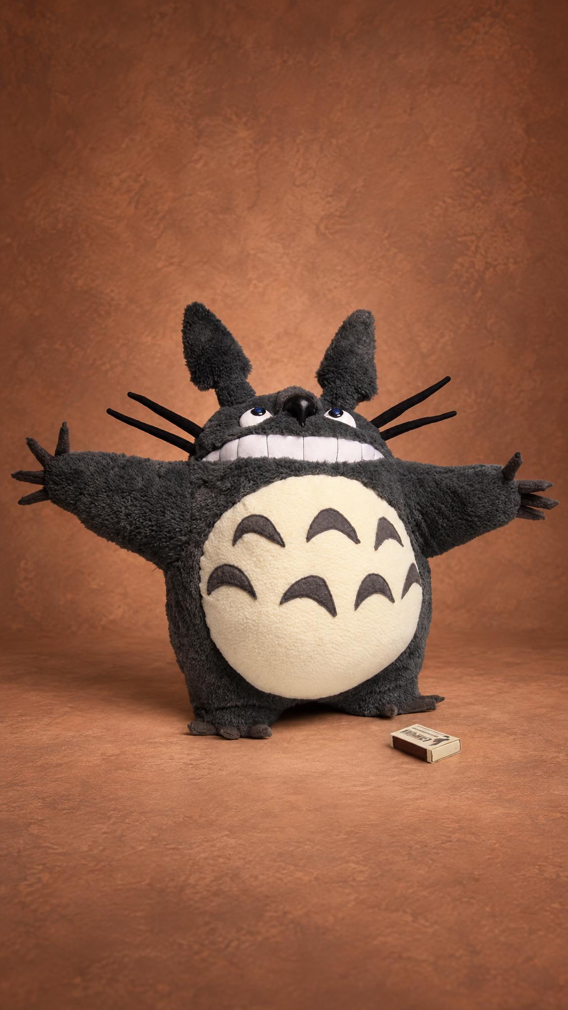 Handmade Totoro plush from 2010, grey fur and a cream belly, arms outstretched, a matchbox beside him for size