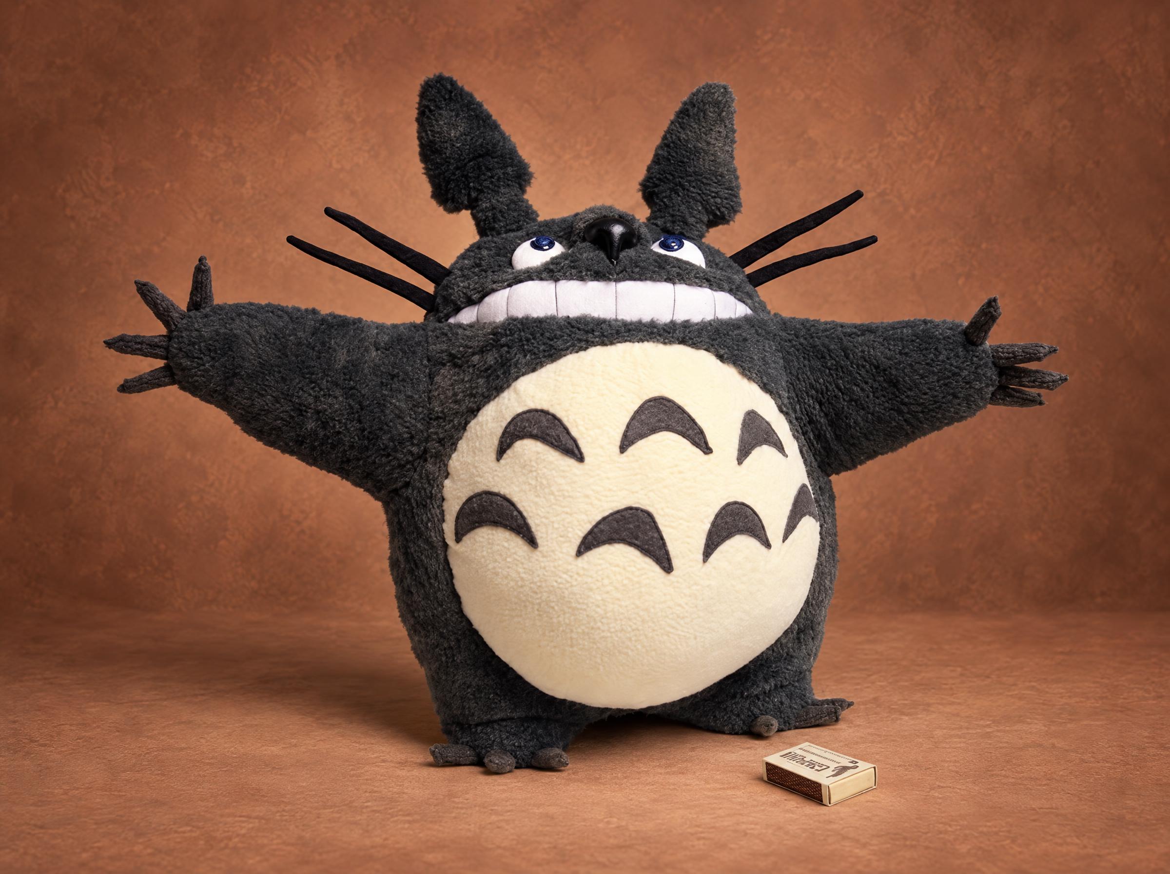 Handmade Totoro Plush from 2010, Next to a Matchbox Handmade Totoro plush from 2010, grey fur and a cream belly, arms outstretched, a matchbox beside him for size