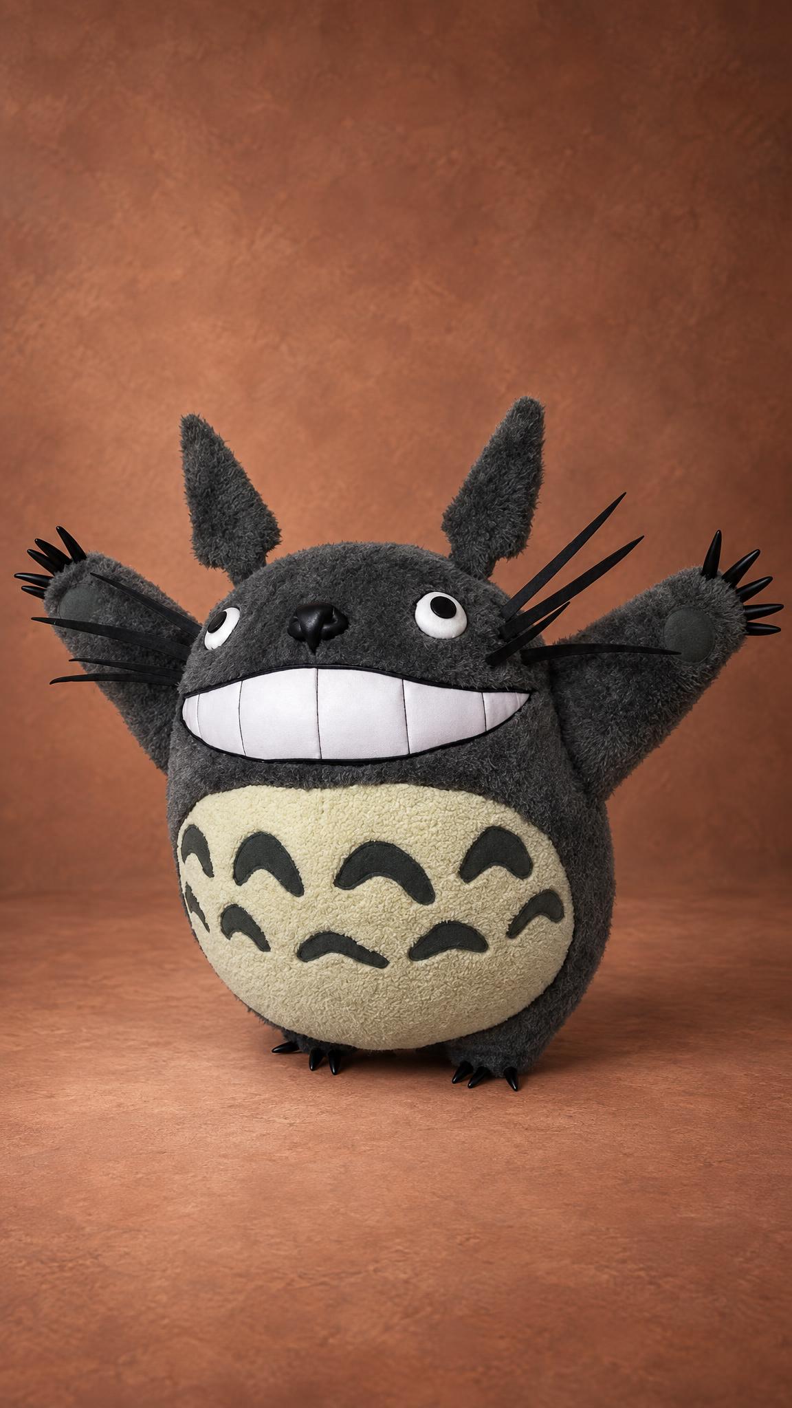 Handmade My Neighbor Totoro plush sewn to order, with a stitched white grin, glossy black whiskers and claws
