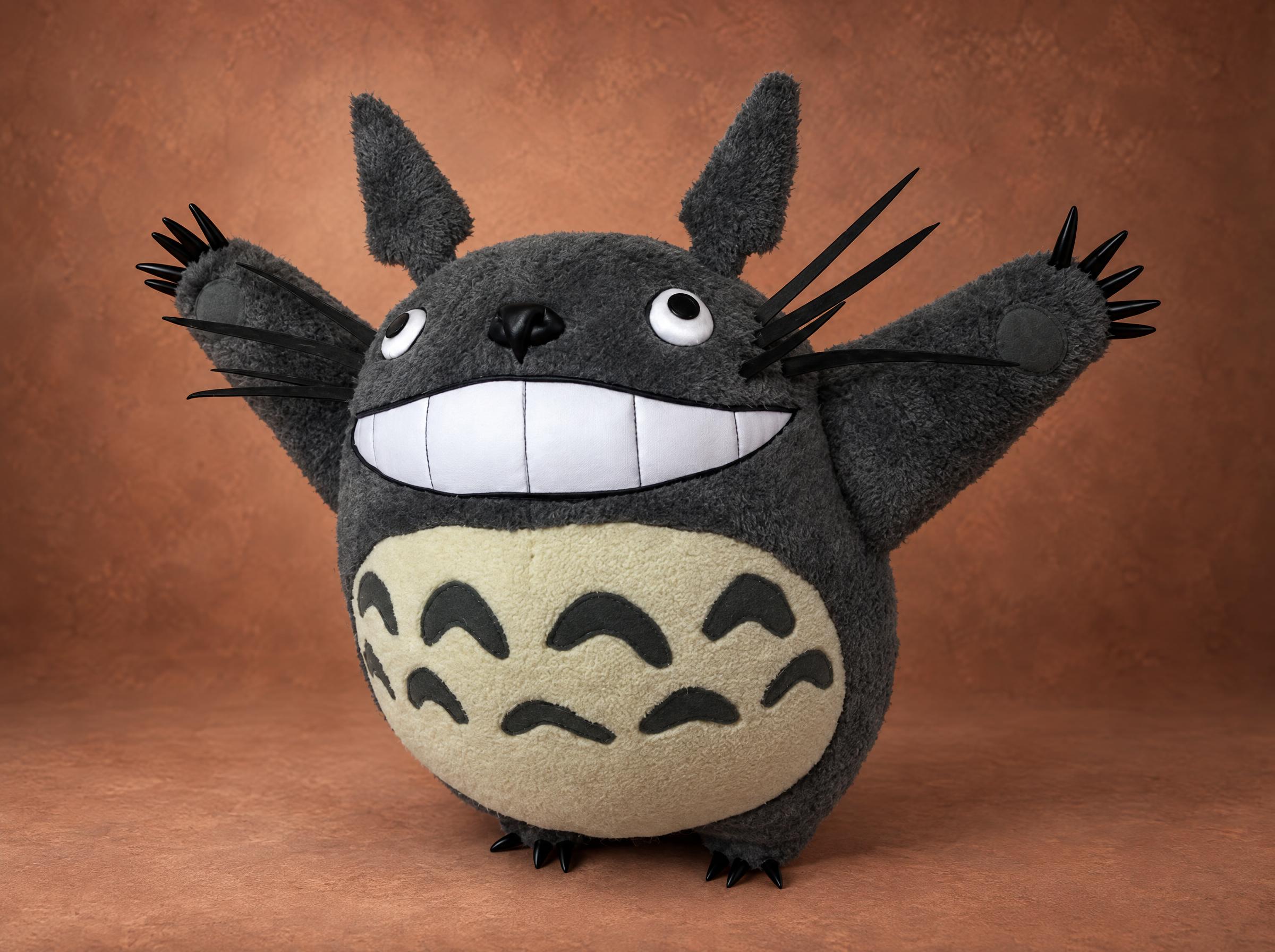 Handmade My Neighbor Totoro plush sewn to order, with a stitched white grin, glossy black whiskers and claws