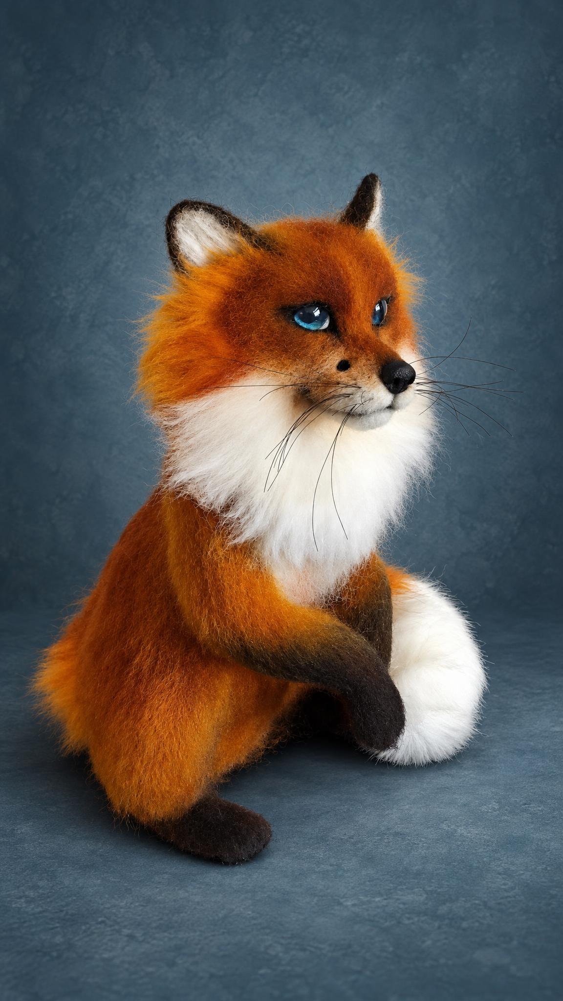 Handmade wool fox figurine, felted to order: paw resting on her white tail, whiskers and a ginger coat