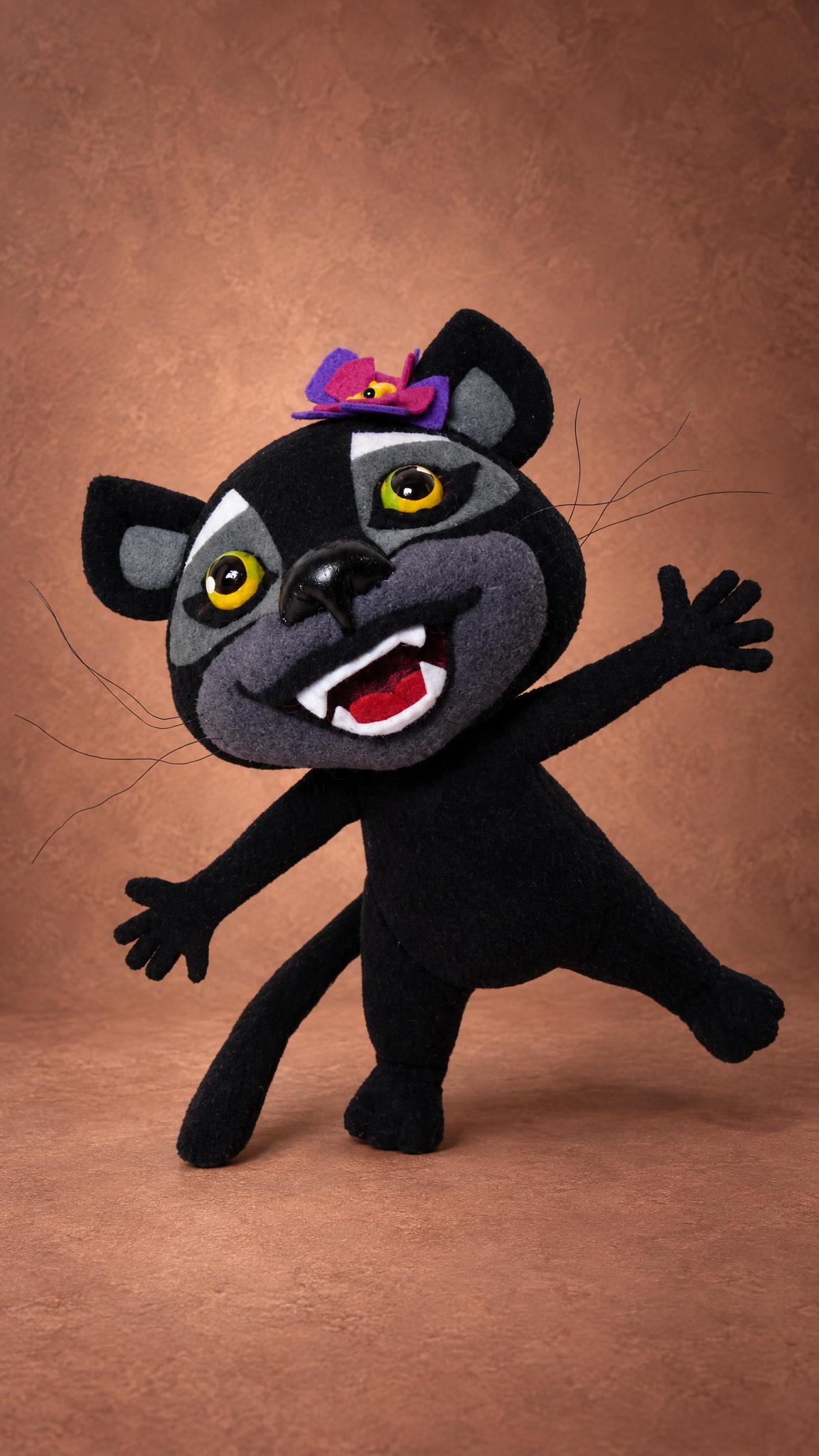 Posable happy panther plush from a Viber sticker, black fleece with a purple flower, handmade to order