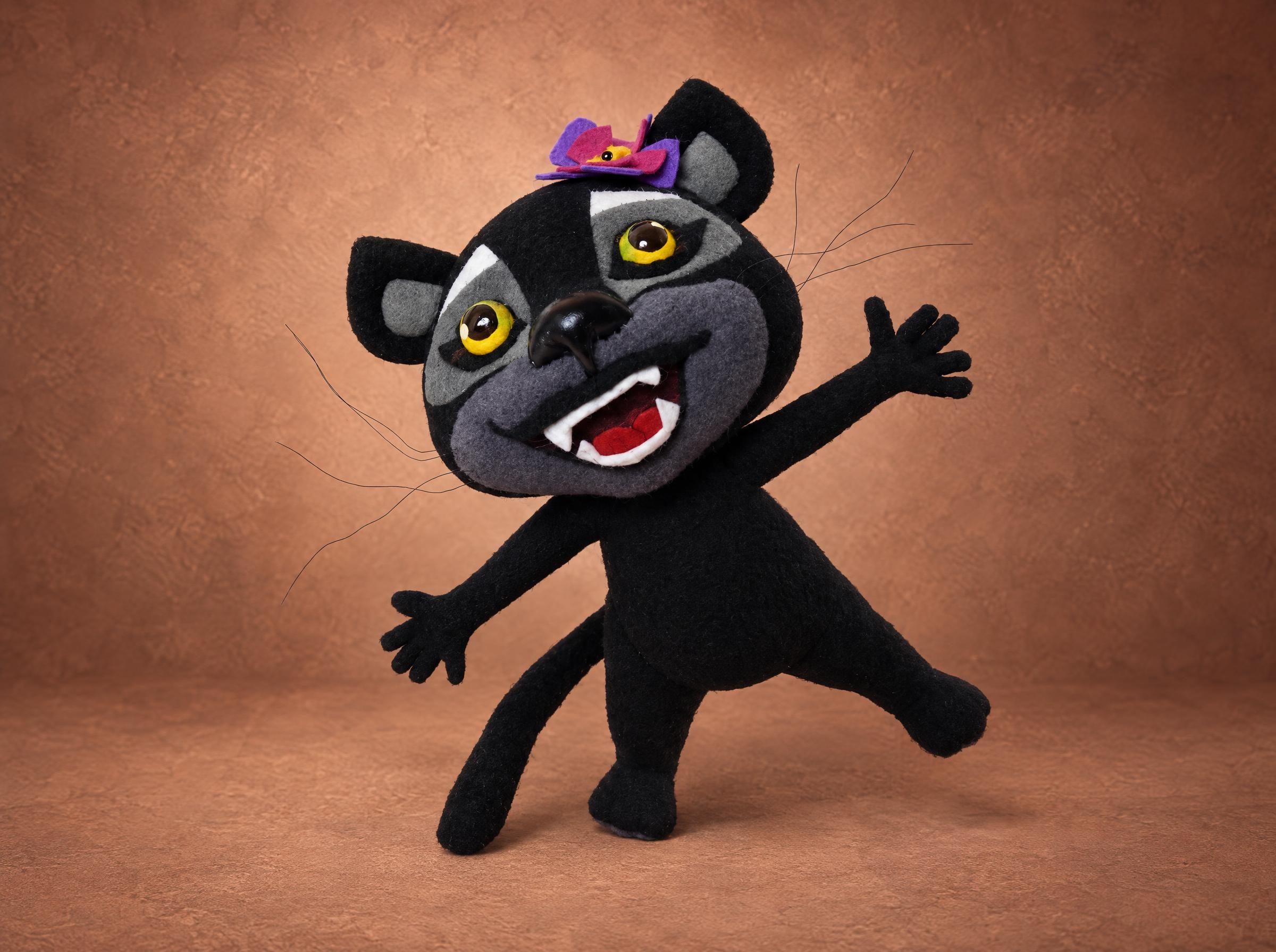 Happy panther plush in a jumping pose Happy panther plush with arms and legs bent into a jumping pose, wire frame inside, a Viber sticker toy made to order