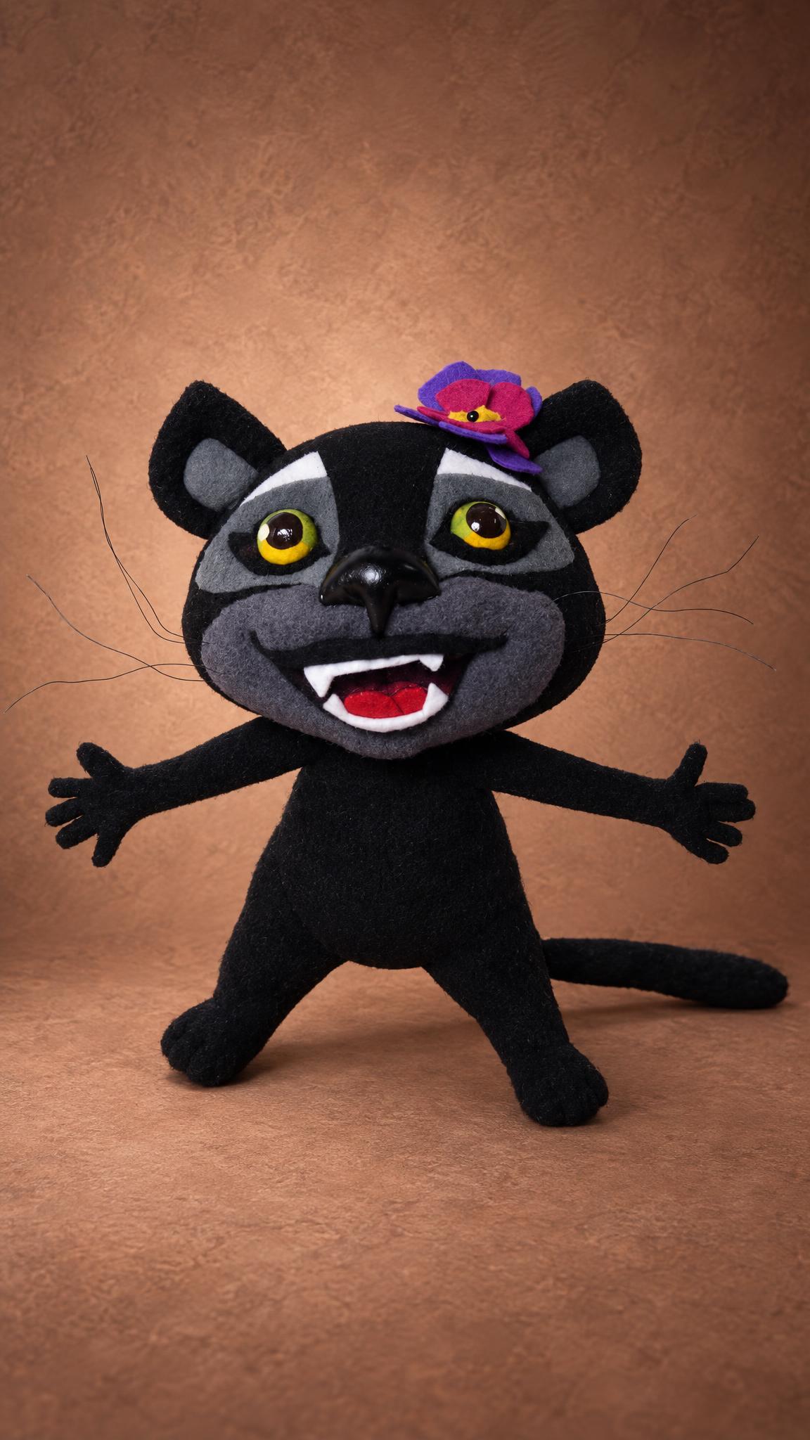 Custom Viber sticker panther plush with a purple flower and a wide grin, handmade to order