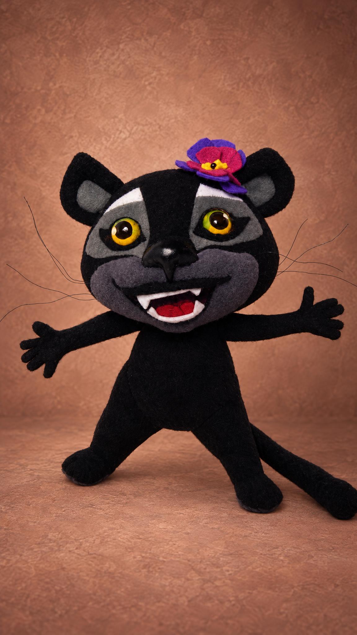 Viber sticker panther soft toy with a fanged grin and a flower, sewn by hand to order