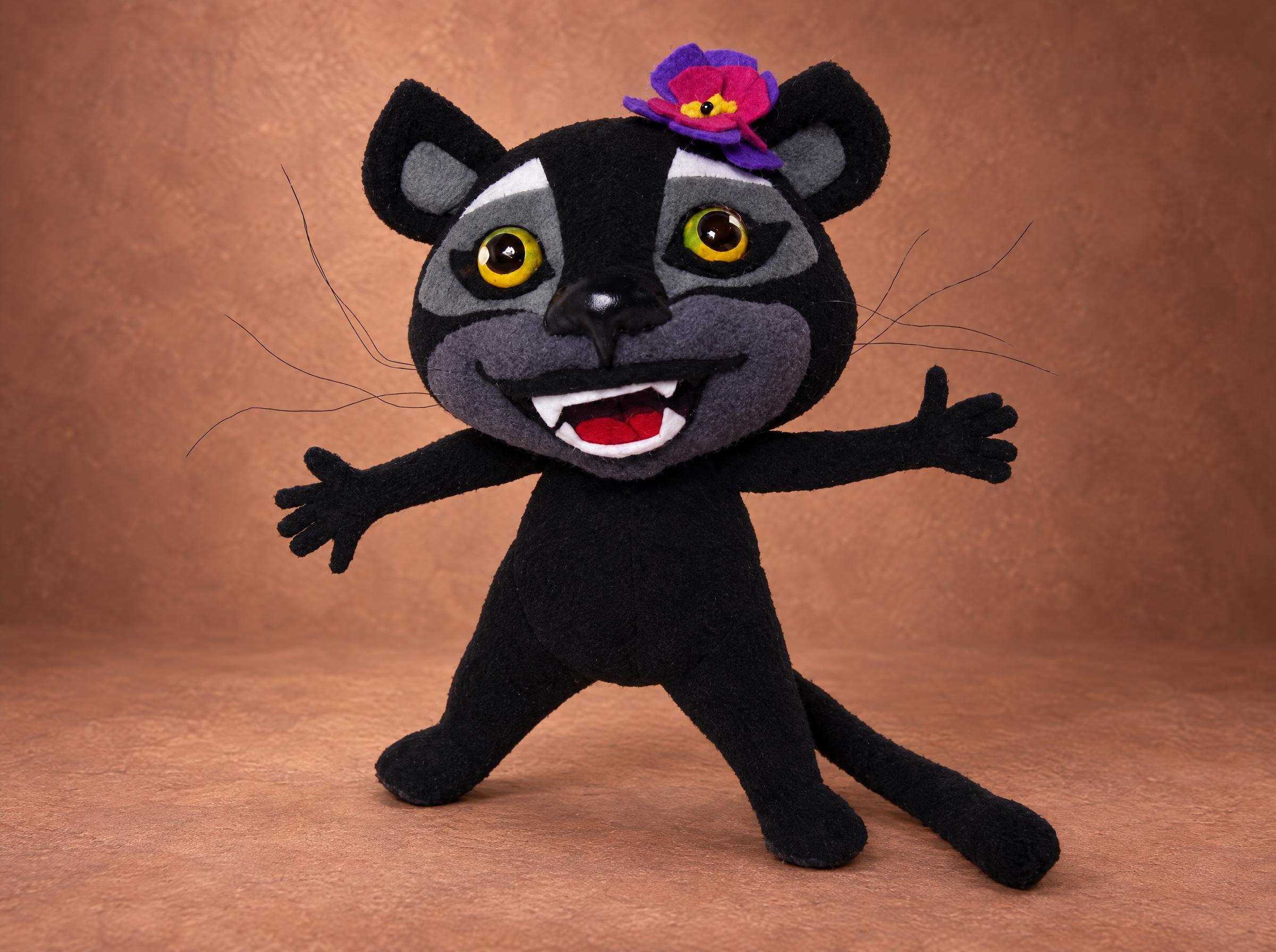 Happy panther toy, yellow eyes and a fanged grin Happy panther toy with big yellow eyes, a red grin with fangs and a purple felt flower, a Viber sticker sewn to order