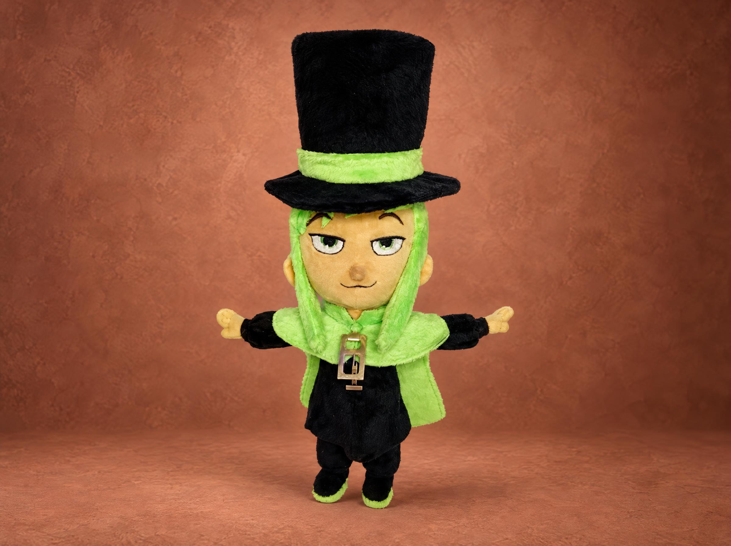 Hat Kid plush from A Hat in Time in a black top hat and lime green cape, handmade to order